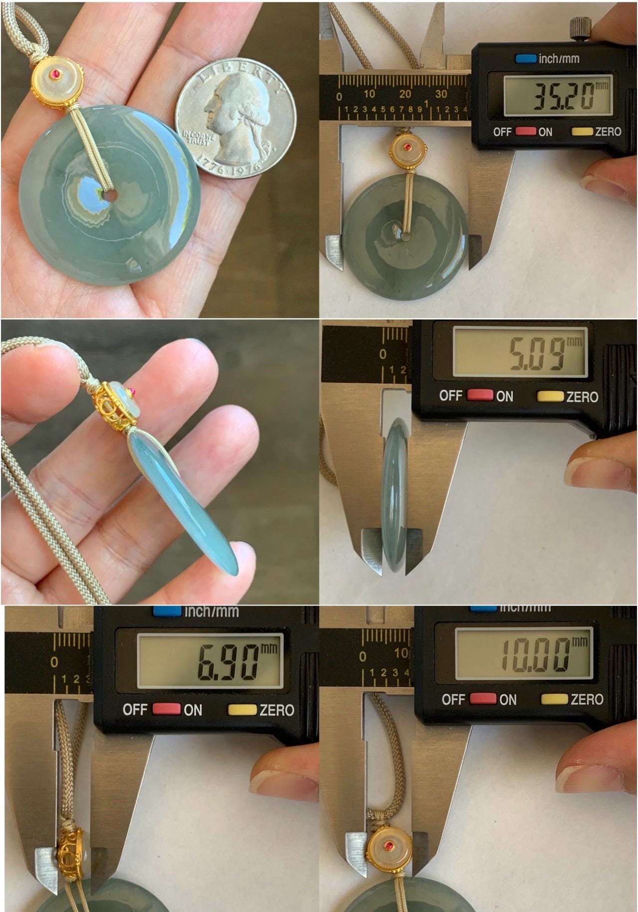 Natural Grade A Icy Translucent Dusty Green Wuji Jade Jadeite Large Ping An Kou Donut Pendant Rope Necklace 25" 天然冰胶老种淡绿乌鸡翡翠平安扣吊坠项链 MLW120B