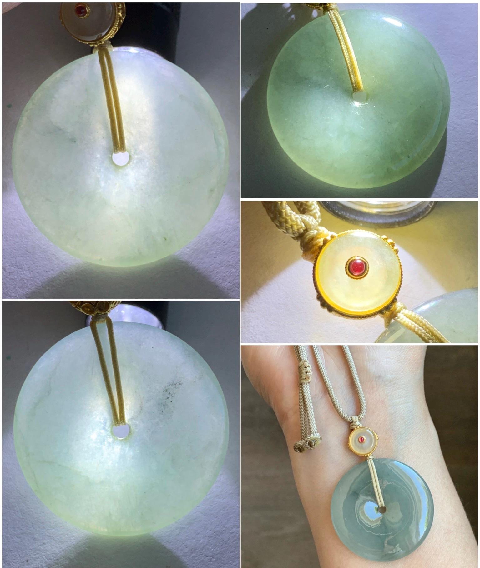 Natural Grade A Icy Translucent Dusty Green Wuji Jade Jadeite Large Ping An Kou Donut Pendant Rope Necklace 25" 天然冰胶老种淡绿乌鸡翡翠平安扣吊坠项链 MLW120B