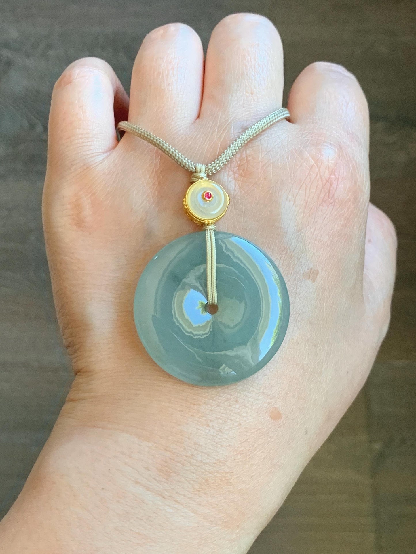 Natural Grade A Icy Translucent Dusty Green Wuji Jade Jadeite Large Ping An Kou Donut Pendant Rope Necklace 25" 天然冰胶老种淡绿乌鸡翡翠平安扣吊坠项链 MLW120B