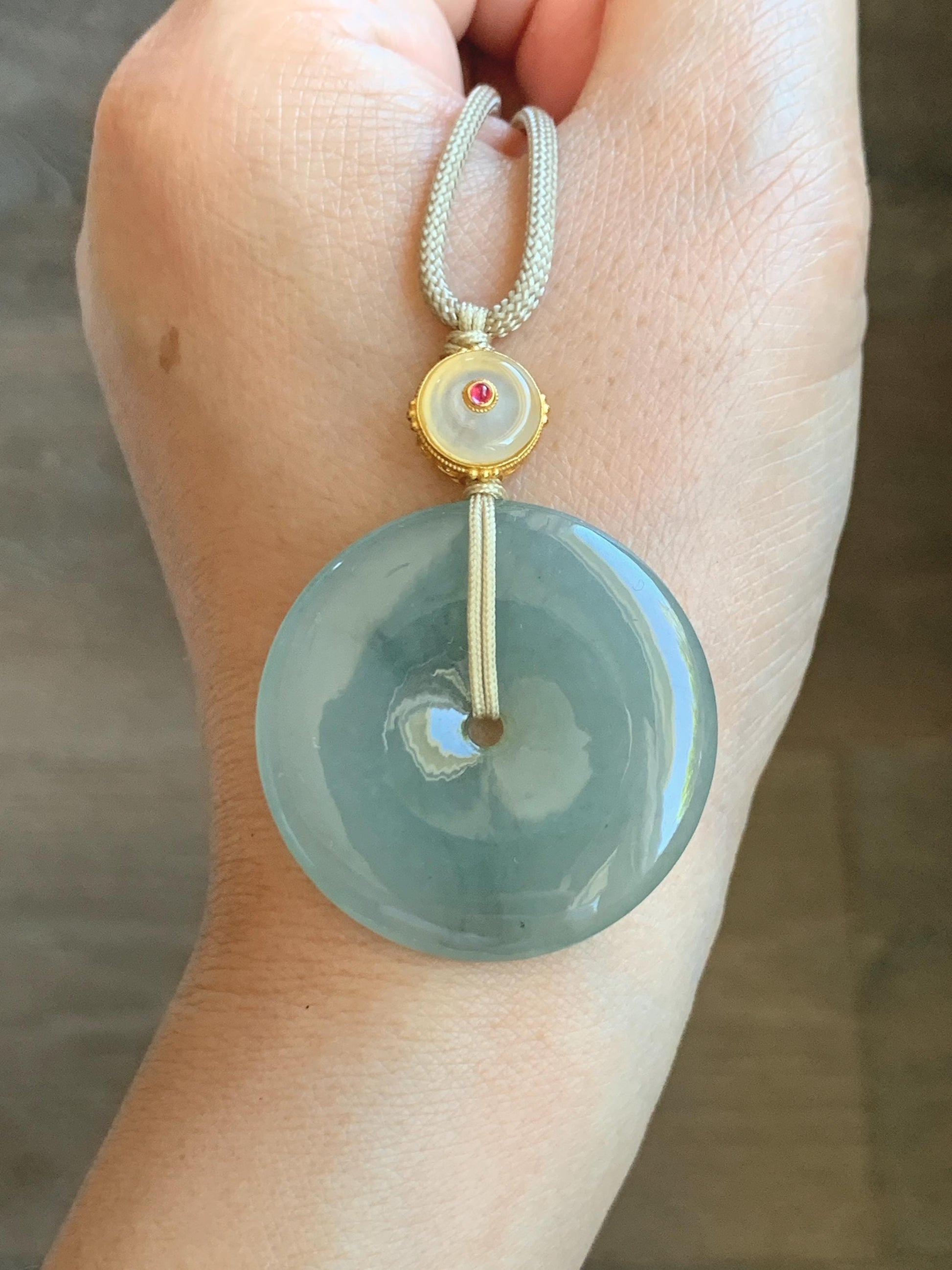 Natural Grade A Icy Translucent Dusty Green Wuji Jade Jadeite Large Ping An Kou Donut Pendant Rope Necklace 25" 天然冰胶老种淡绿乌鸡翡翠平安扣吊坠项链 MLW120B