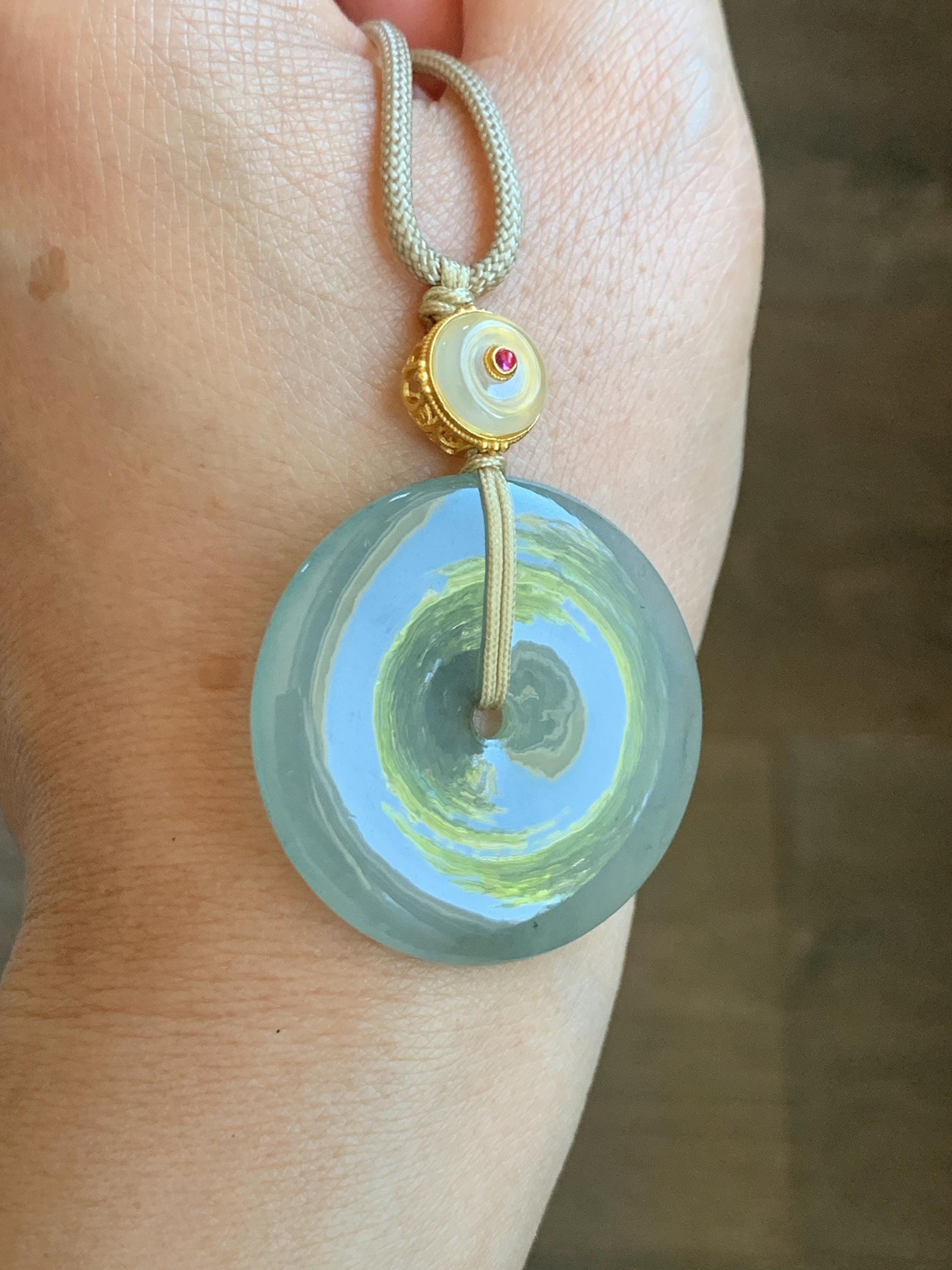 Natural Grade A Icy Translucent Dusty Green Wuji Jade Jadeite Large Ping An Kou Donut Pendant Rope Necklace 25" 天然冰胶老种淡绿乌鸡翡翠平安扣吊坠项链 MLW120B