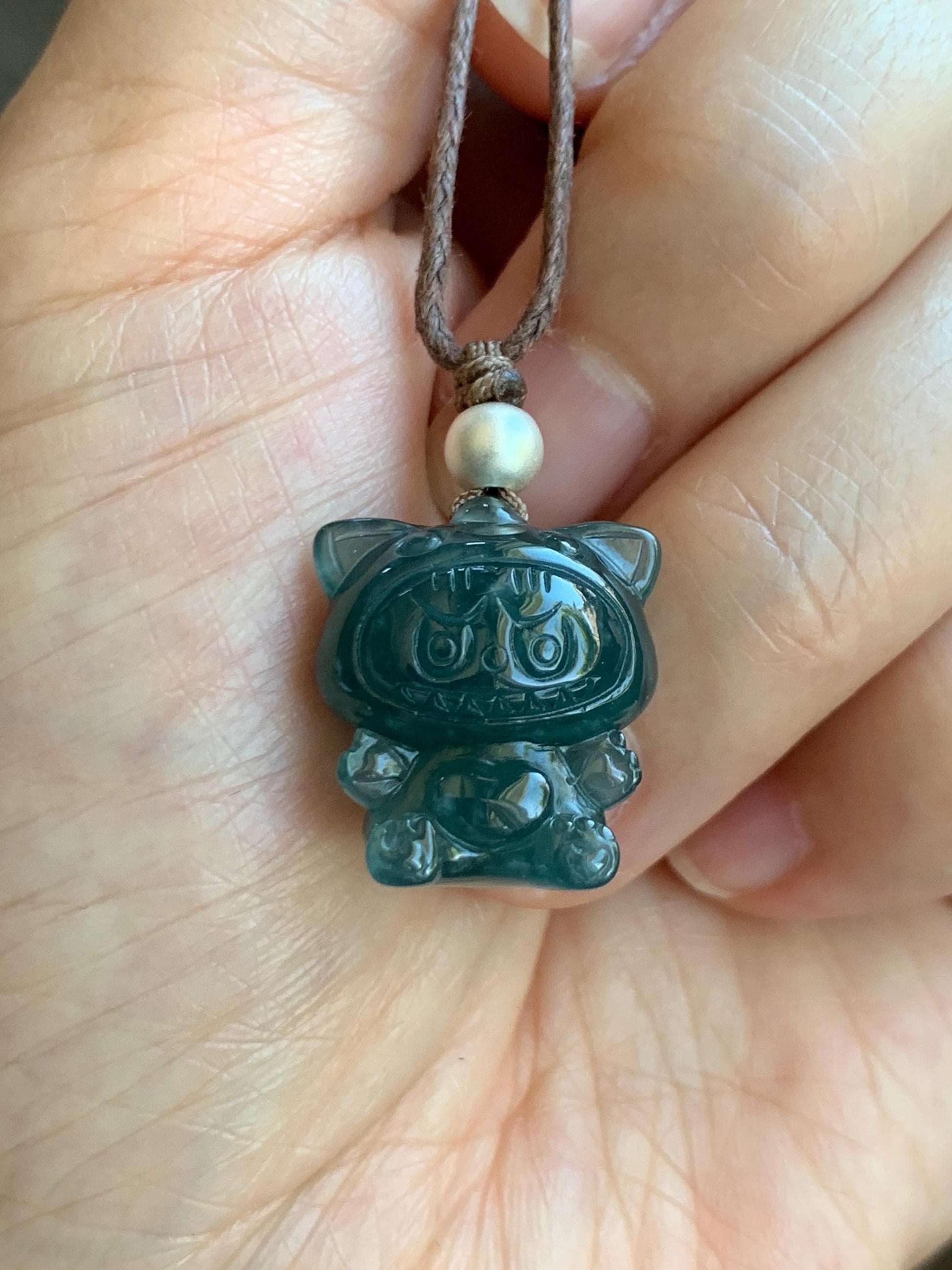 Natural Grade A Guatemalan Icy Translucent Dark Teal Blue Jade Jadeite Carved Monster Plush Pendant Rope Necklace 25” 天然冰胶危深蓝绿翡翠吊坠 LBB88C