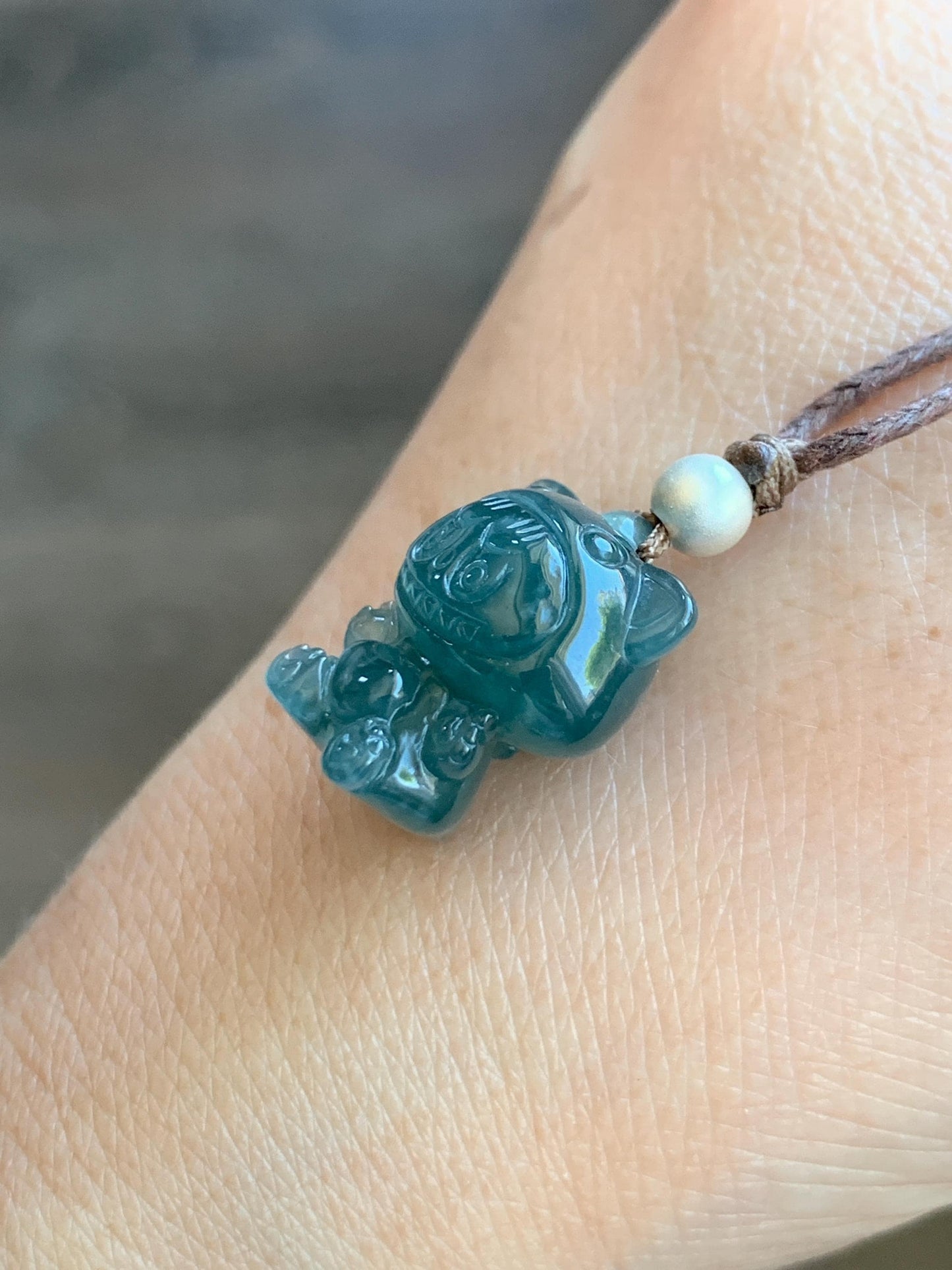 Natural Grade A Guatemalan Icy Translucent Dark Teal Blue Jade Jadeite Carved Monster Plush Pendant Rope Necklace 25” 天然冰胶危深蓝绿翡翠吊坠 LBB88C