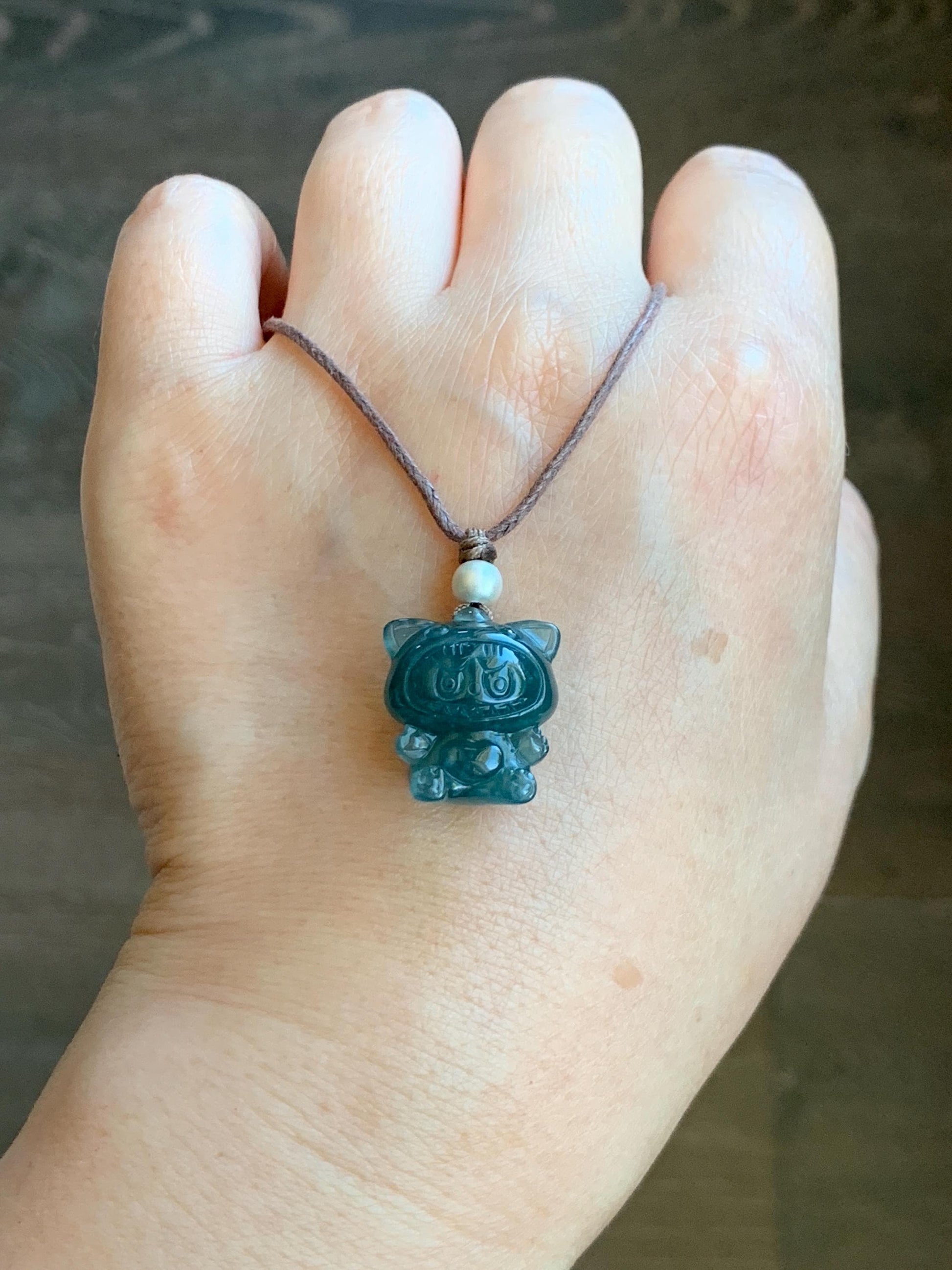 Natural Grade A Guatemalan Icy Translucent Dark Teal Blue Jade Jadeite Carved Monster Plush Pendant Rope Necklace 25” 天然冰胶危深蓝绿翡翠吊坠 LBB88C