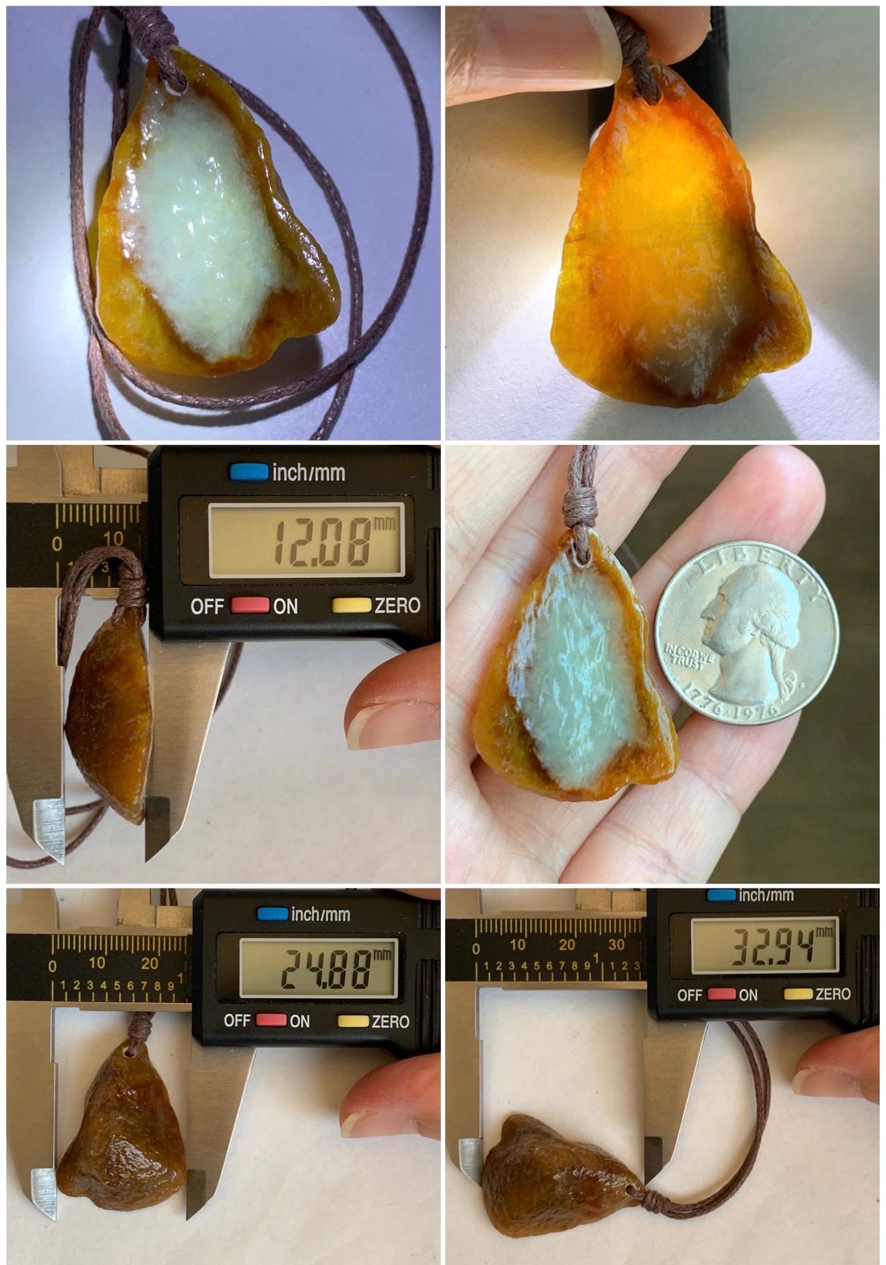 Natural Grade A Icy Translucent Bicolored Jade Jadeite w/ Rind Teardrop Pendant Rough Cut Rope Necklace 24.5” 12g 天然冰胶油黄皮壳料翡翠牌项链 PGL450A