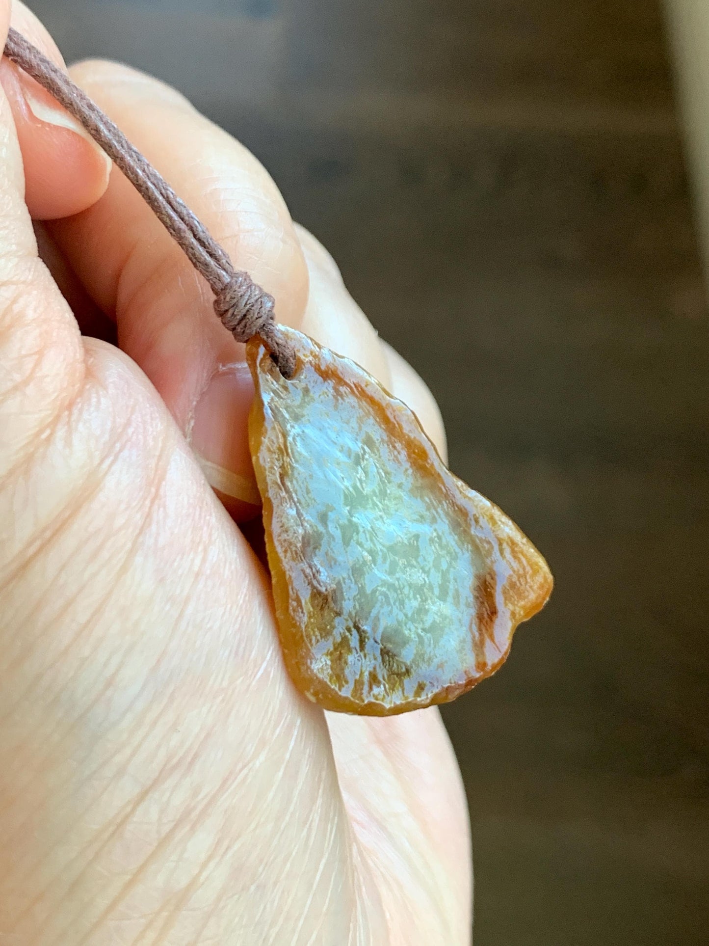 Natural Grade A Icy Translucent Bicolored Jade Jadeite w/ Rind Teardrop Pendant Rough Cut Rope Necklace 24.5” 12g 天然冰胶油黄皮壳料翡翠牌项链 PGL450A