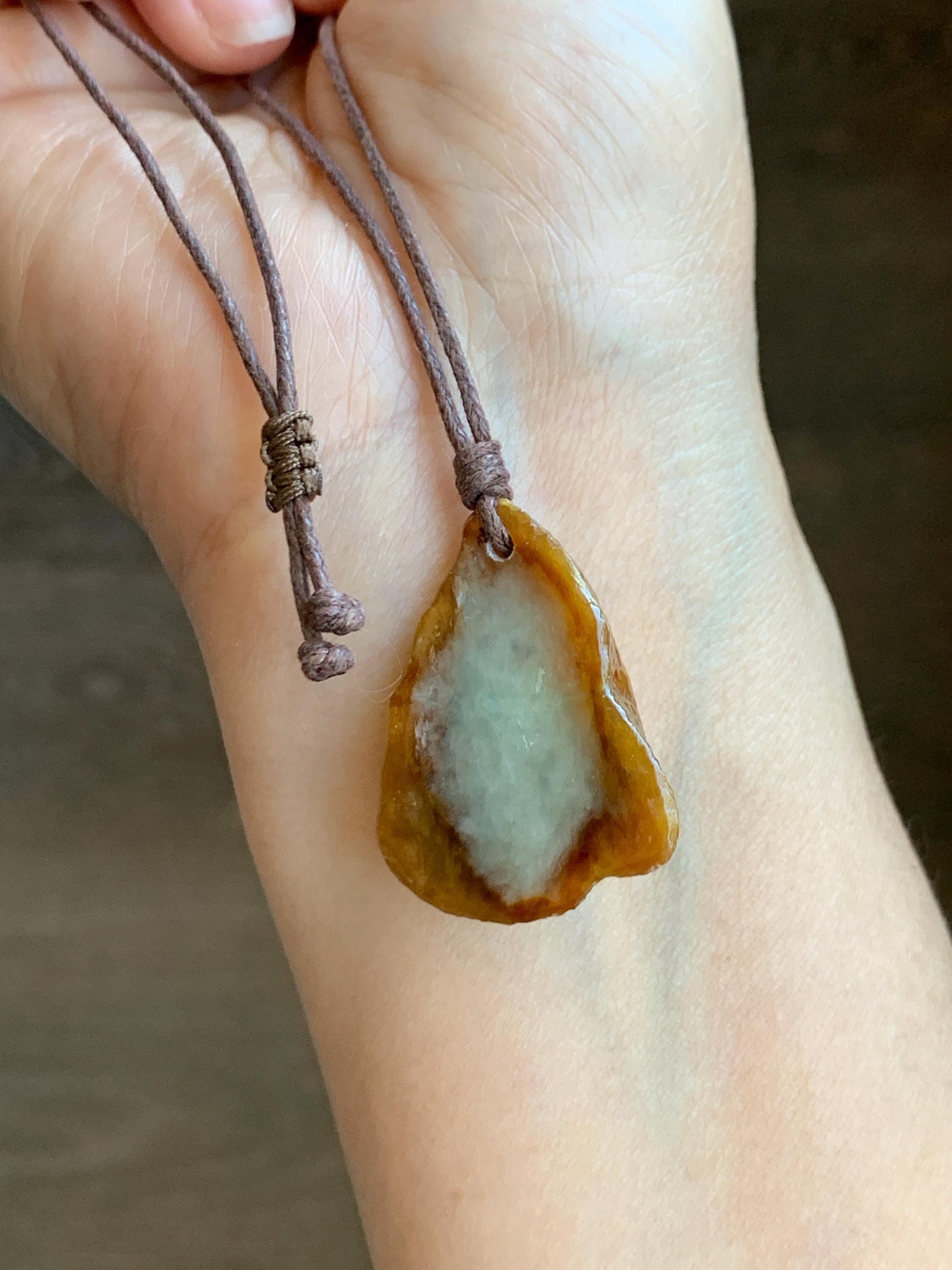 Natural Grade A Icy Translucent Bicolored Jade Jadeite w/ Rind Teardrop Pendant Rough Cut Rope Necklace 24.5” 12g 天然冰胶油黄皮壳料翡翠牌项链 PGL450A