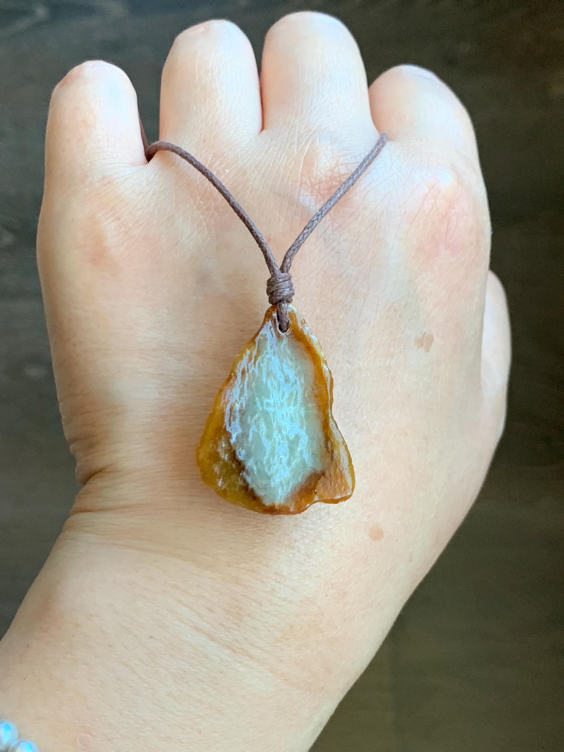 Natural Grade A Icy Translucent Bicolored Jade Jadeite w/ Rind Teardrop Pendant Rough Cut Rope Necklace 24.5” 12g 天然冰胶油黄皮壳料翡翠牌项链 PGL450A