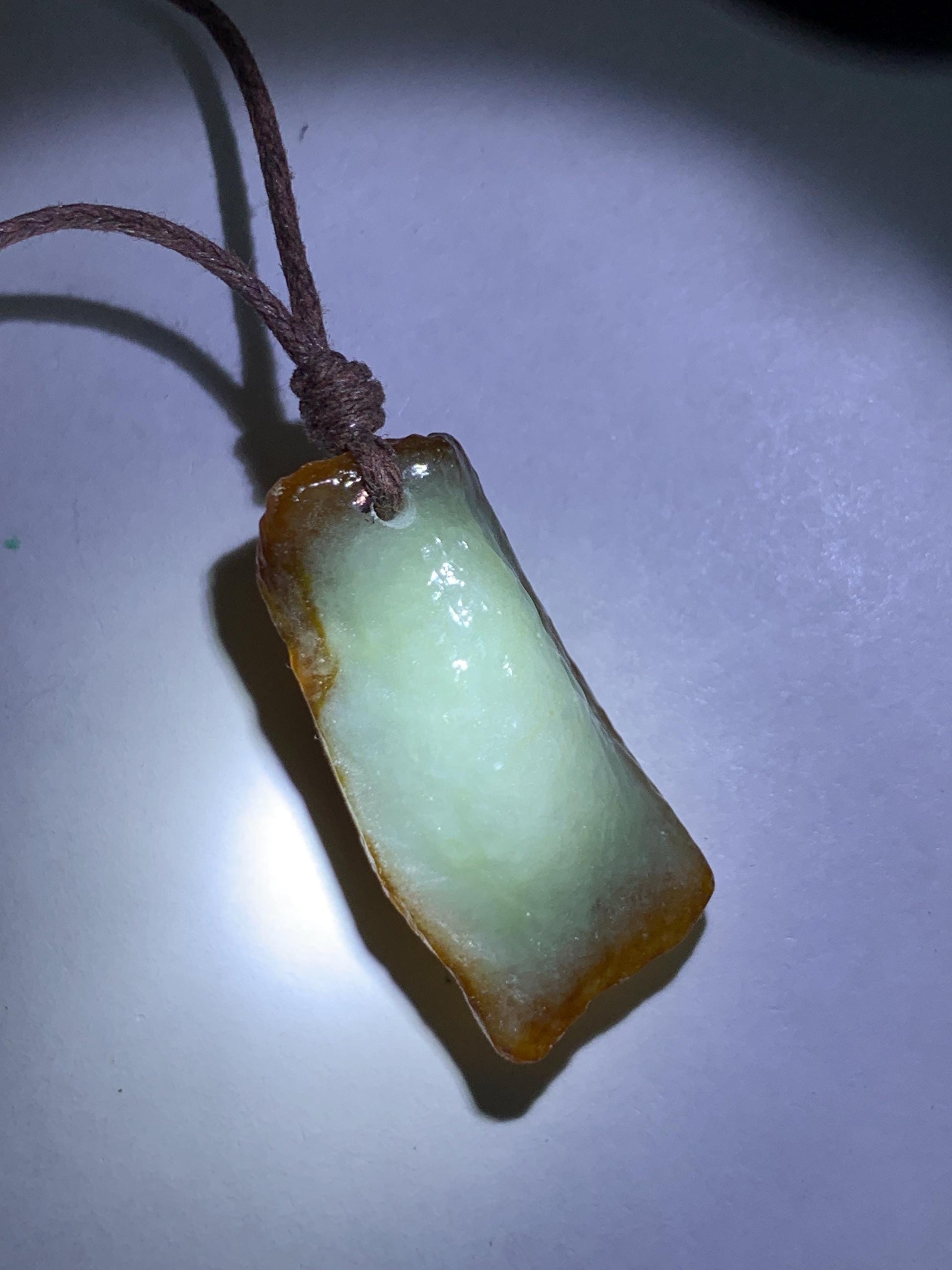 Natural Grade A Icy Translucent Bicolored Jade Jadeite w/ Rind Rectangle Pendant Rough Cut Rope Necklace 24.5” 12g 天然冰胶油黄皮壳料翡翠牌项链 PGL450B