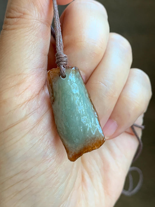 Natural Grade A Icy Translucent Bicolored Jade Jadeite w/ Rind Rectangle Pendant Rough Cut Rope Necklace 24.5” 12g 天然冰胶油黄皮壳料翡翠牌项链 PGL450B