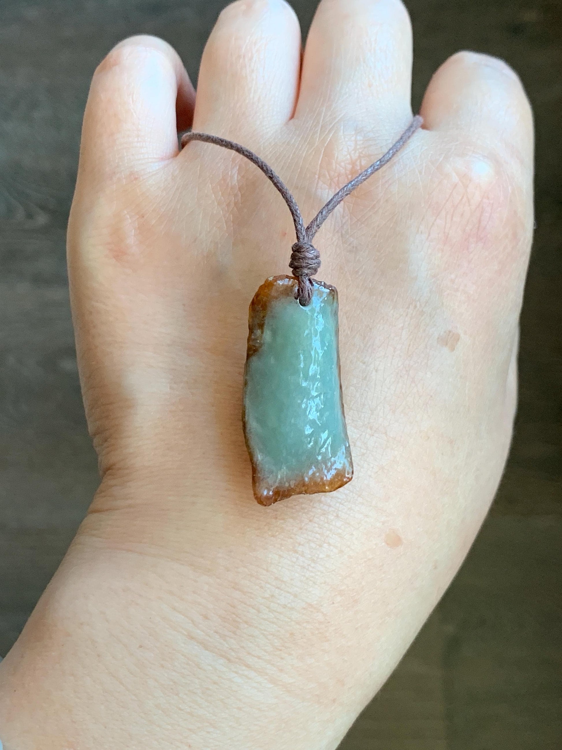 Natural Grade A Icy Translucent Bicolored Jade Jadeite w/ Rind Rectangle Pendant Rough Cut Rope Necklace 24.5” 12g 天然冰胶油黄皮壳料翡翠牌项链 PGL450B