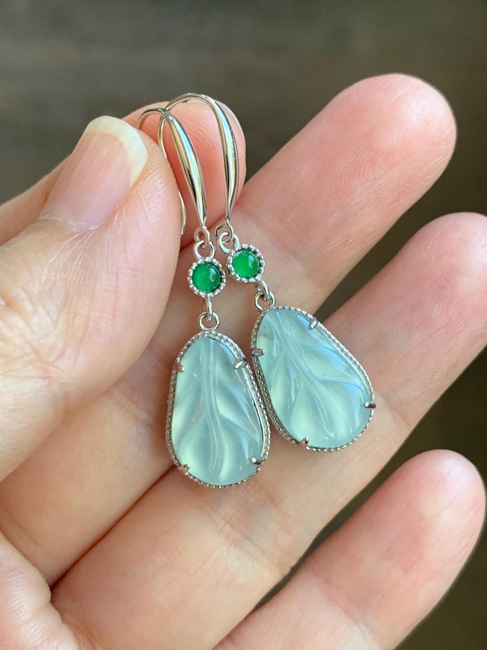 Natural Guatemalan Grade A Icy Highly Translucent Pastel Teal Jade Jadeite Leaf Dangle Earrings Sterling Silver 天然高冰危晴蓝底翡翠叶子银耳钩 XYD240A