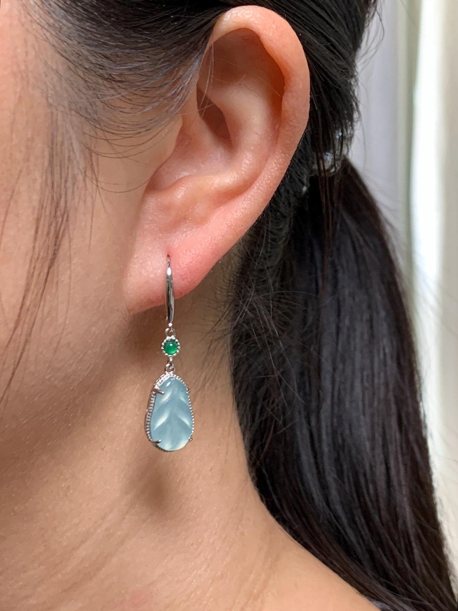 Natural Guatemalan Grade A Icy Highly Translucent Pastel Teal Jade Jadeite Leaf Dangle Earrings Sterling Silver 天然高冰危晴蓝底翡翠叶子银耳钩 XYD240A