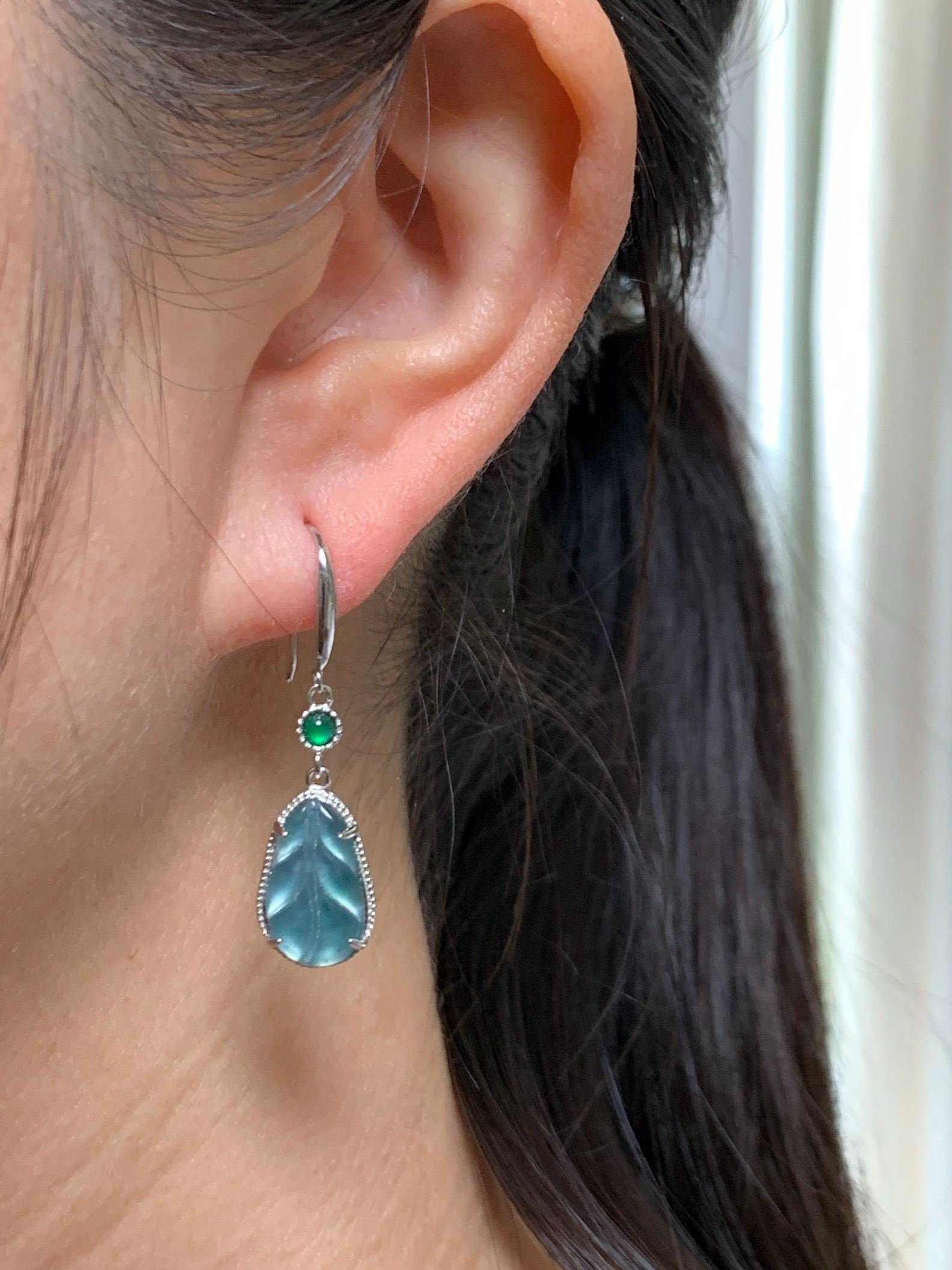 Natural Guatemalan Grade A Icy Highly Translucent Light Teal Jade Jadeite Leaf Dangle Earrings Sterling Silver 天然高冰危晴蓝翡翠叶子银耳钩 XYD240B