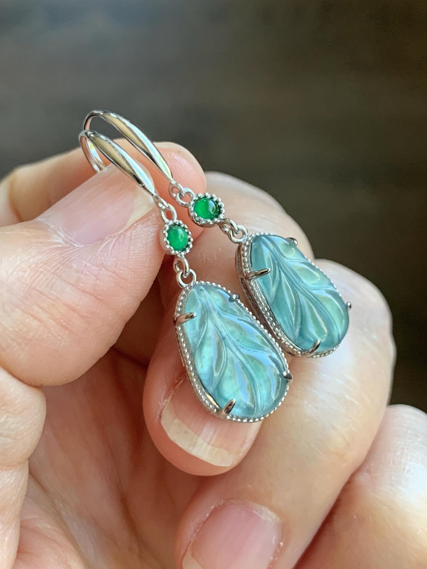 Natural Guatemalan Grade A Icy Highly Translucent Light Teal Jade Jadeite Leaf Dangle Earrings Sterling Silver 天然高冰危晴蓝翡翠叶子银耳钩 XYD240B
