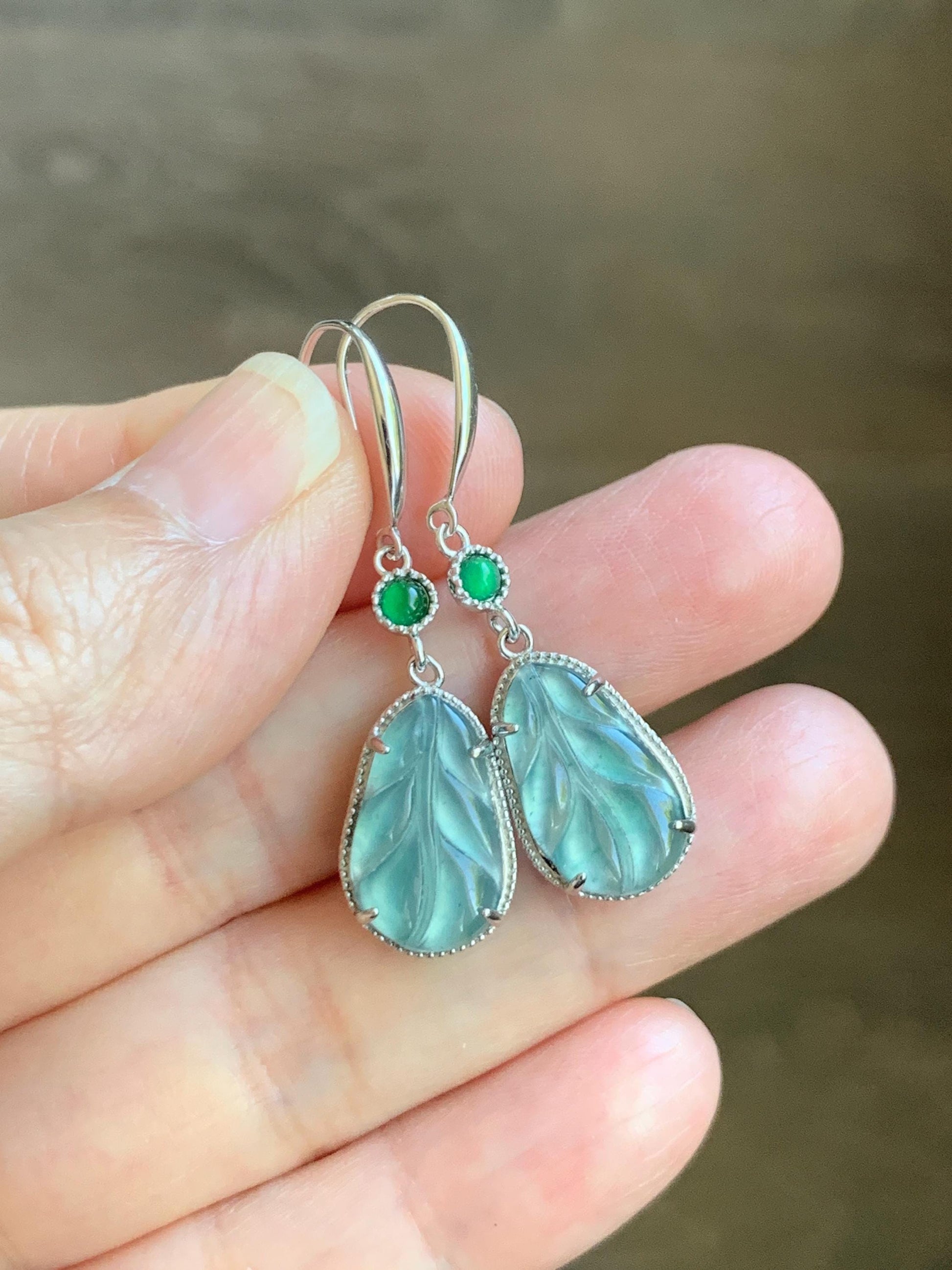 Natural Guatemalan Grade A Icy Highly Translucent Light Teal Jade Jadeite Leaf Dangle Earrings Sterling Silver 天然高冰危晴蓝翡翠叶子银耳钩 XYD240B