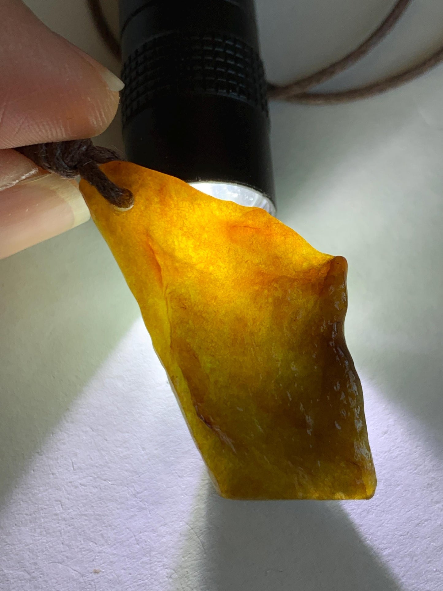 Natural Grade A Icy Translucent Bicolored Jade Jadeite w/ Rind Rough Cut Pendant Rope Necklace 24.5” 11g 天然冰胶油黄皮壳料翡翠牌项链 PGL450C