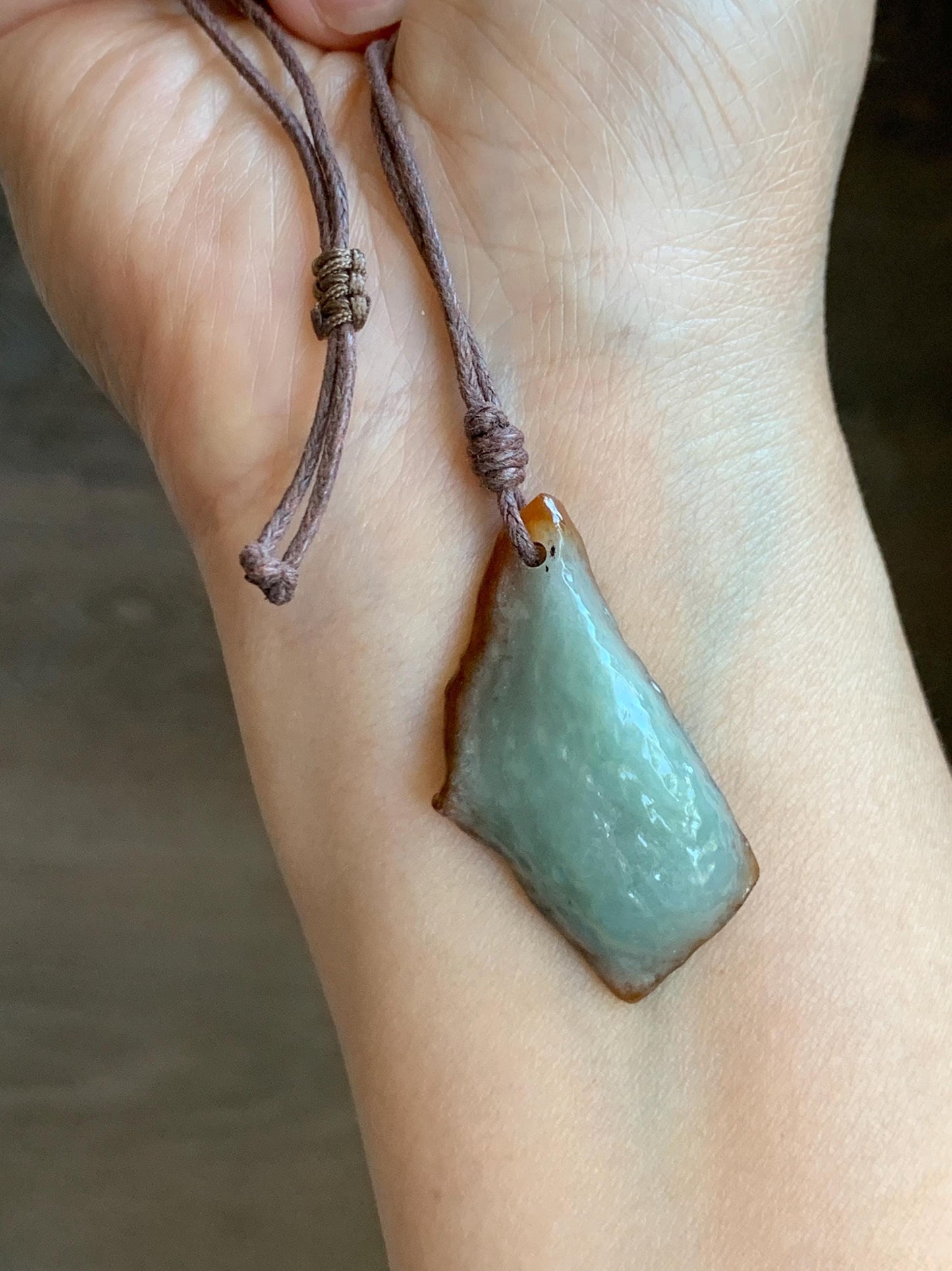 Natural Grade A Icy Translucent Bicolored Jade Jadeite w/ Rind Rough Cut Pendant Rope Necklace 24.5” 11g 天然冰胶油黄皮壳料翡翠牌项链 PGL450C