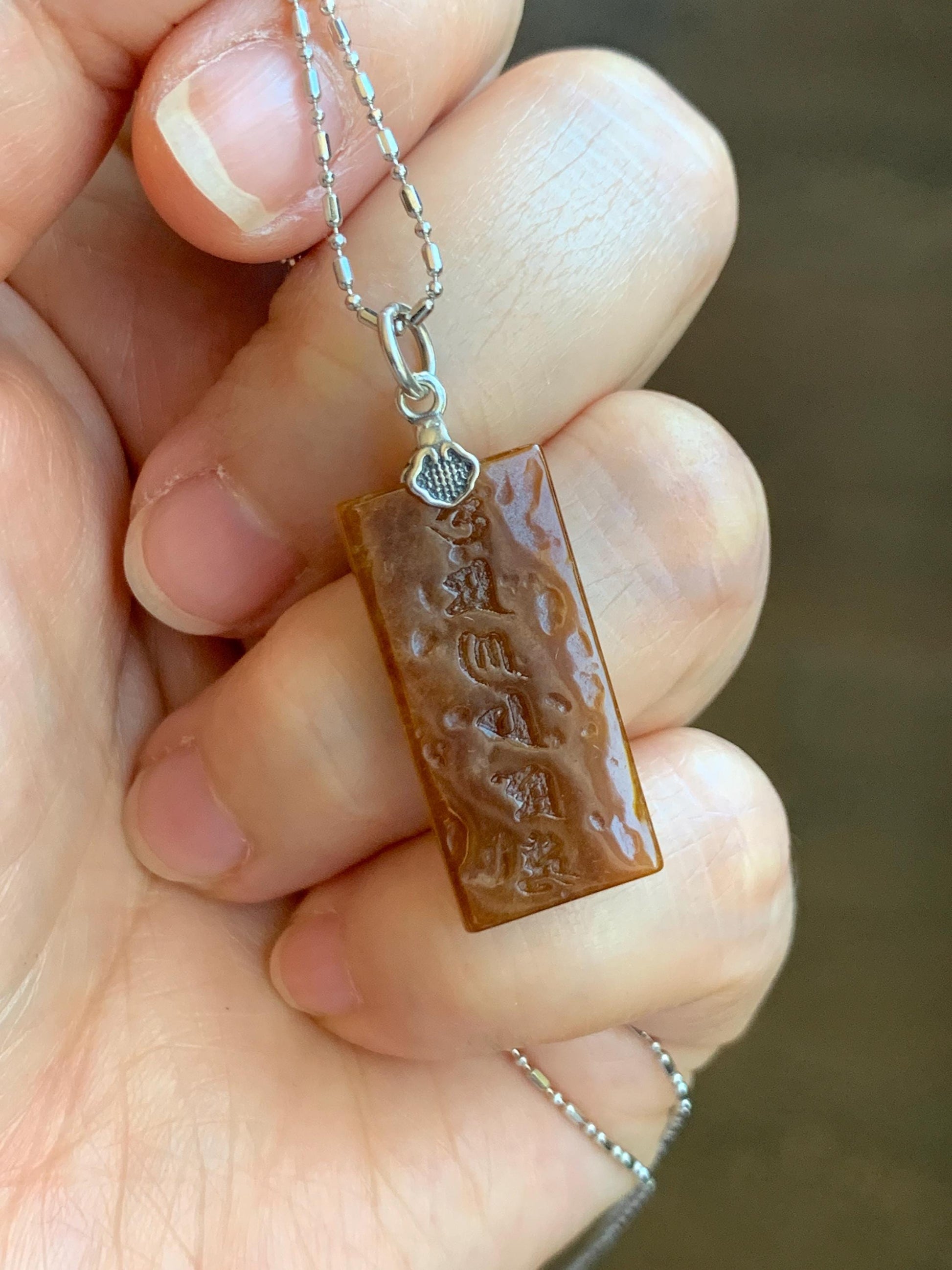 Natural Grade A Icy Translucent Bicolored Jade Jadeite w/ Rind Six-Word Mantra Rectangle Pendant Sterling Silver 天然冰胶油黄皮壳料翡翠六字真言牌吊坠 PGL220A