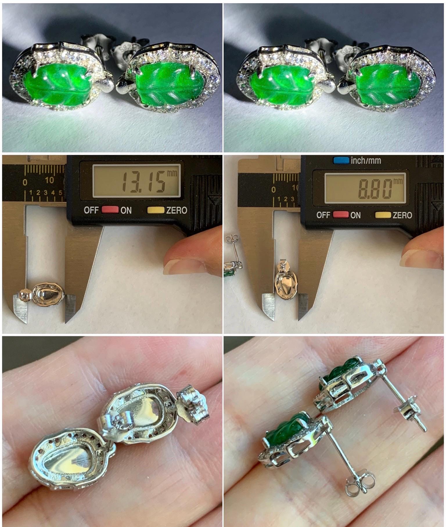Natural Guatemalan Grade A Icy Translucent Vibrant Green Jade Jadeite Petite Leaf Stud Earrings Sterling Silver 天然冰危绿翡翠迷你叶子镶嵌耳钉 XWY66A