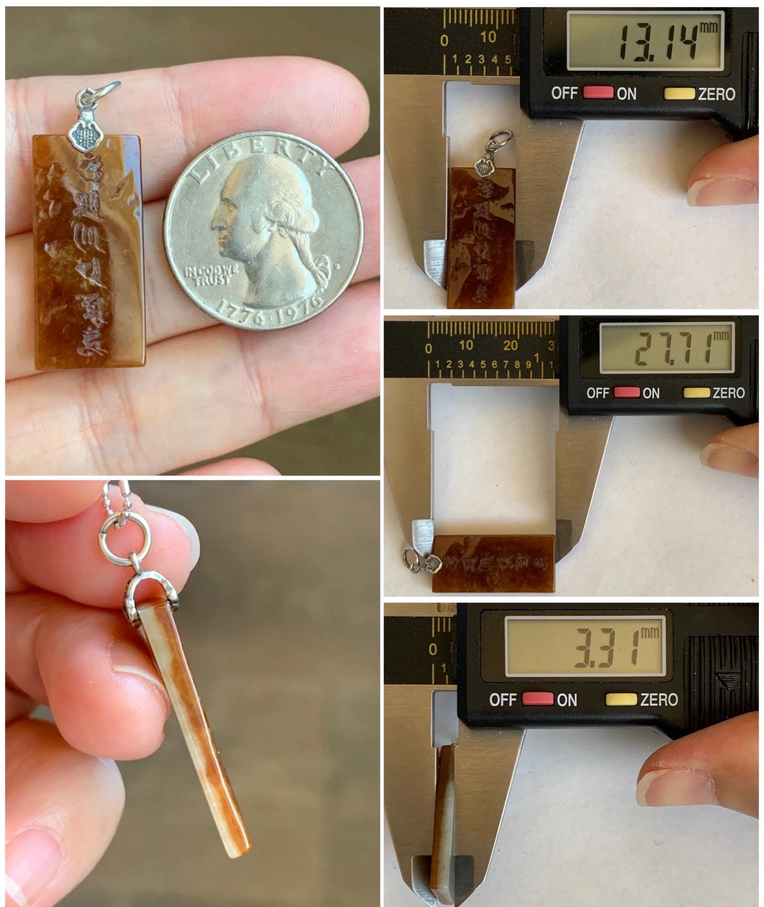 Natural Grade A Icy Translucent Bicolored Jade Jadeite w/ Rind Six-Word Mantra Rectangle Pendant Sterling Silver 天然冰胶油黄皮壳料翡翠六字真言牌吊坠 PGL220B