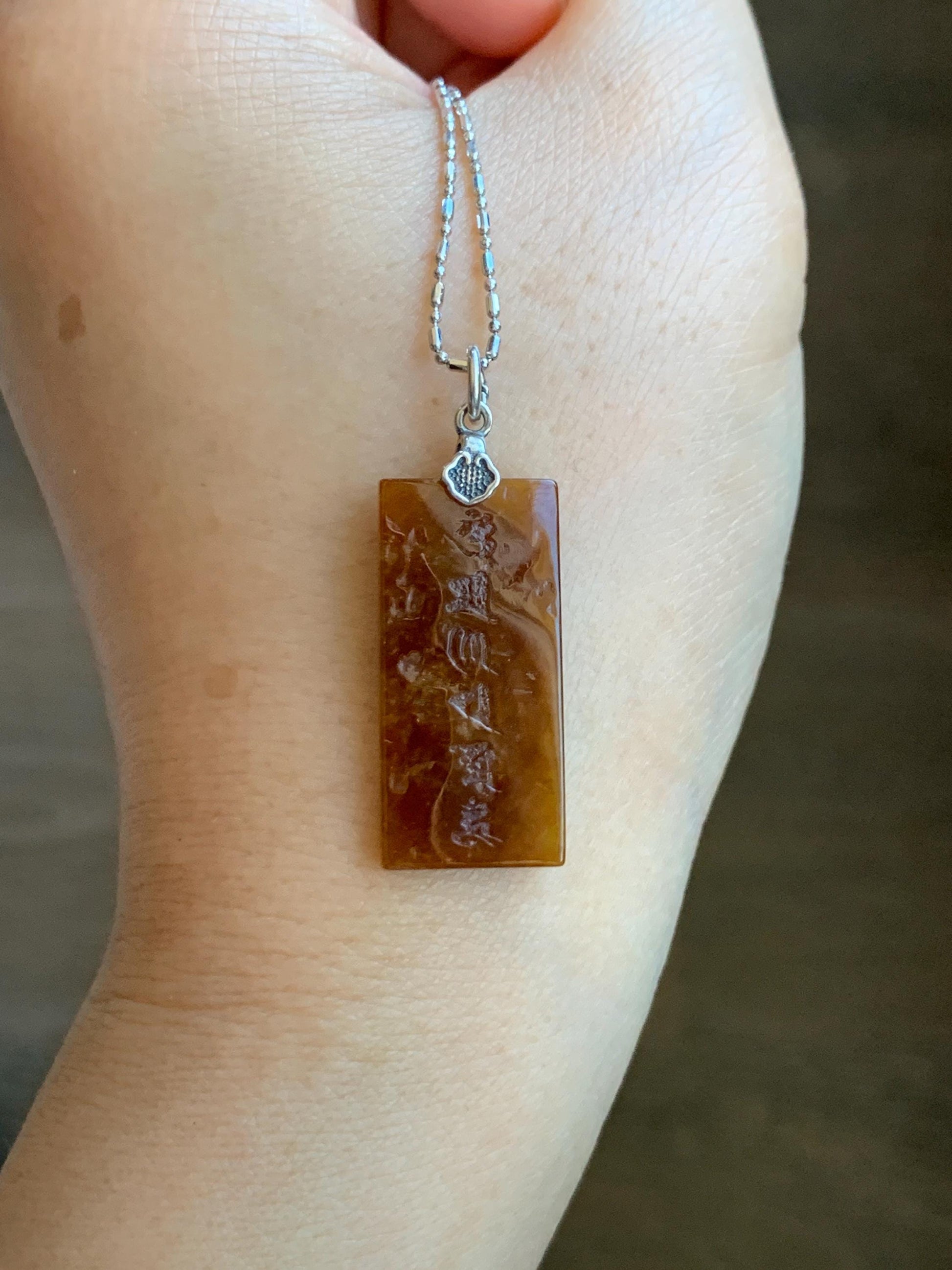 Natural Grade A Icy Translucent Bicolored Jade Jadeite w/ Rind Six-Word Mantra Rectangle Pendant Sterling Silver 天然冰胶油黄皮壳料翡翠六字真言牌吊坠 PGL220B