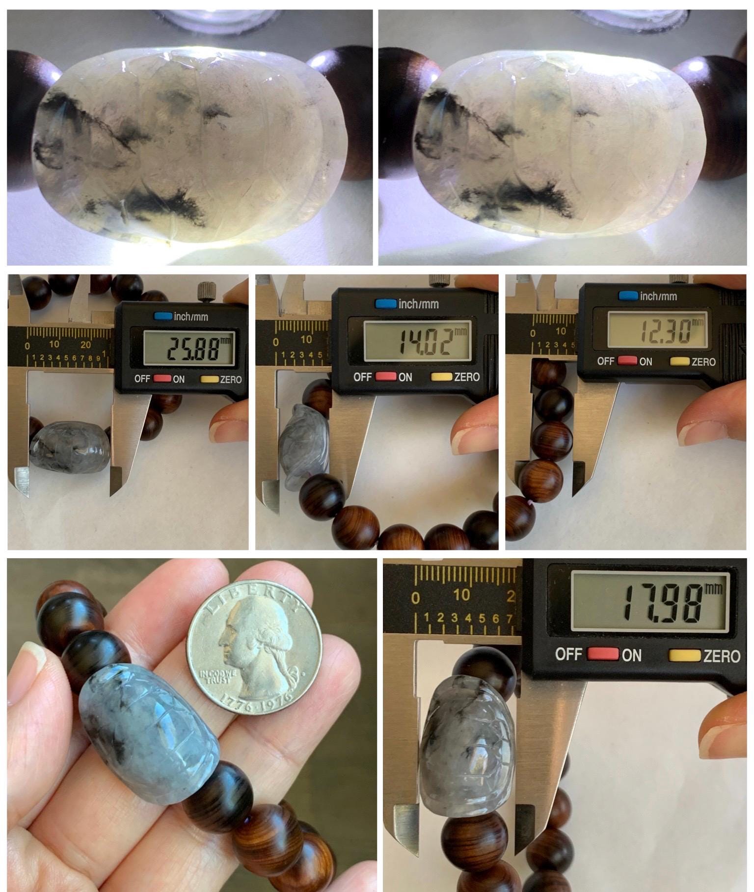 Natural Grade A Icy Translucent Wuji Jade Jadeite Carved Turtle Shell Wood Beads Beaded Bracelet 7.25” 22g 天然冰胶乌鸡翡翠龟壳富甲天下木珠手串 FJZ-B
