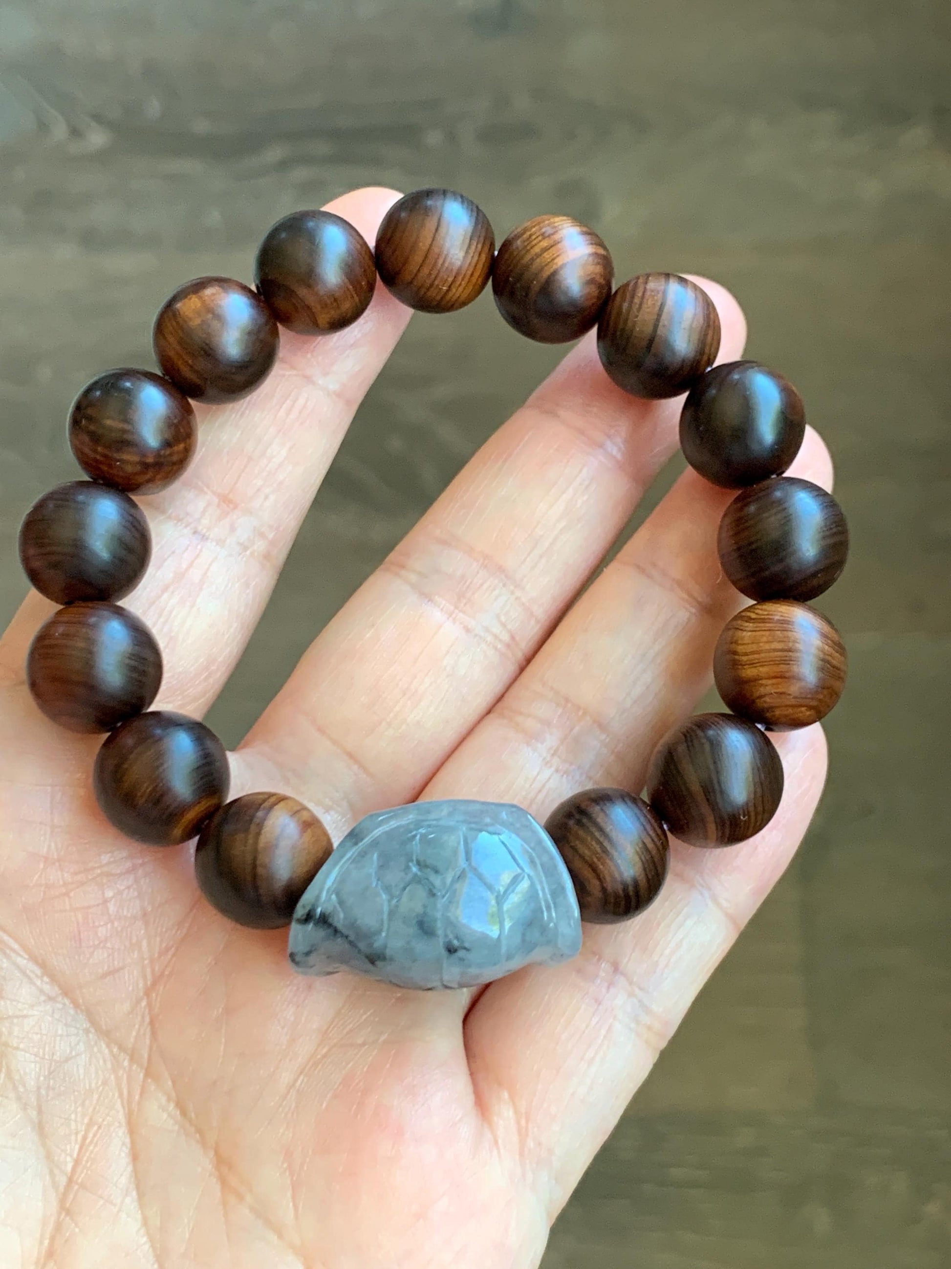 Natural Grade A Icy Translucent Wuji Jade Jadeite Carved Turtle Shell Wood Beads Beaded Bracelet 7.25” 22g 天然冰胶乌鸡翡翠龟壳富甲天下木珠手串 FJZ-B