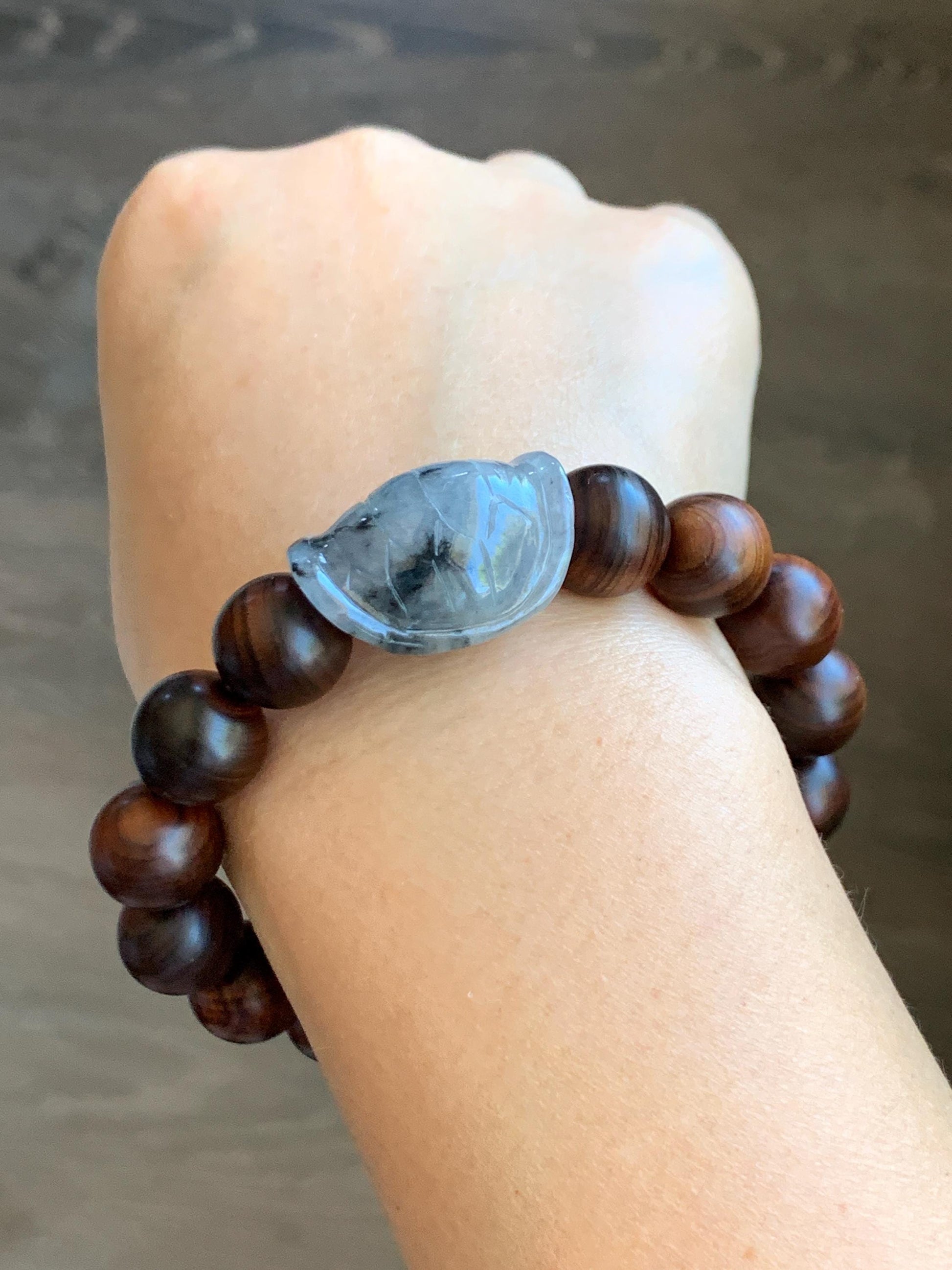 Natural Grade A Icy Translucent Wuji Jade Jadeite Carved Turtle Shell Wood Beads Beaded Bracelet 7.25” 22g 天然冰胶乌鸡翡翠龟壳富甲天下木珠手串 FJZ-B