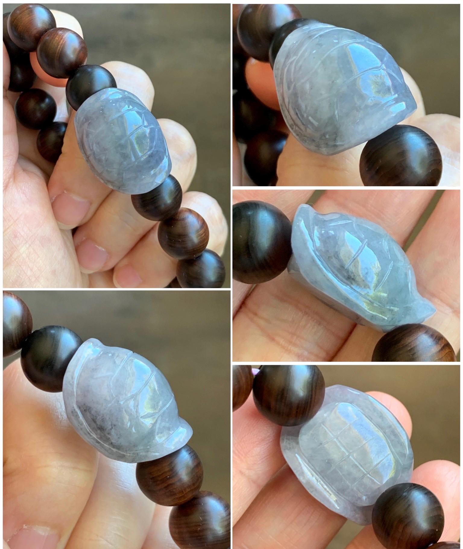 Natural Grade A Icy Translucent Wuji Jade Jadeite Carved Turtle Shell Wood Beads Beaded Bracelet 7.25” 23g 天然冰胶乌鸡紫底翡翠龟壳富甲天下木珠手串 FJZ-A