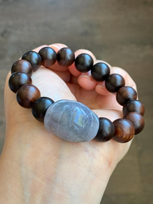 Natural Grade A Icy Translucent Wuji Jade Jadeite Carved Turtle Shell Wood Beads Beaded Bracelet 7.25” 23g 天然冰胶乌鸡紫底翡翠龟壳富甲天下木珠手串 FJZ-A