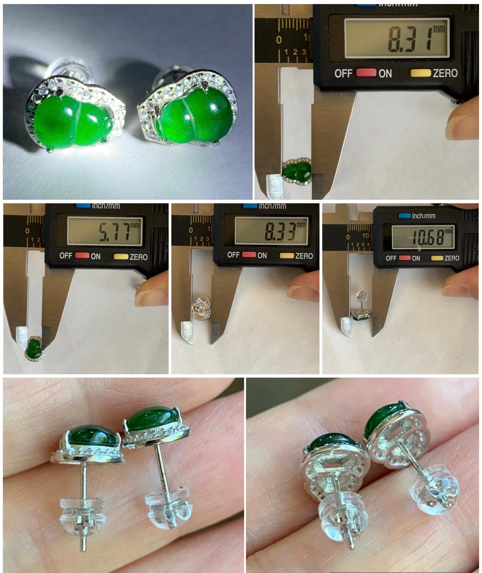 Natural Guatemalan Grade A Icy Translucent Vibrant Green Jade Jadeite Gourd Hulu Stud Earrings Sterling Silver 天然冰危绿翡翠葫芦镶嵌耳钉 YLH96