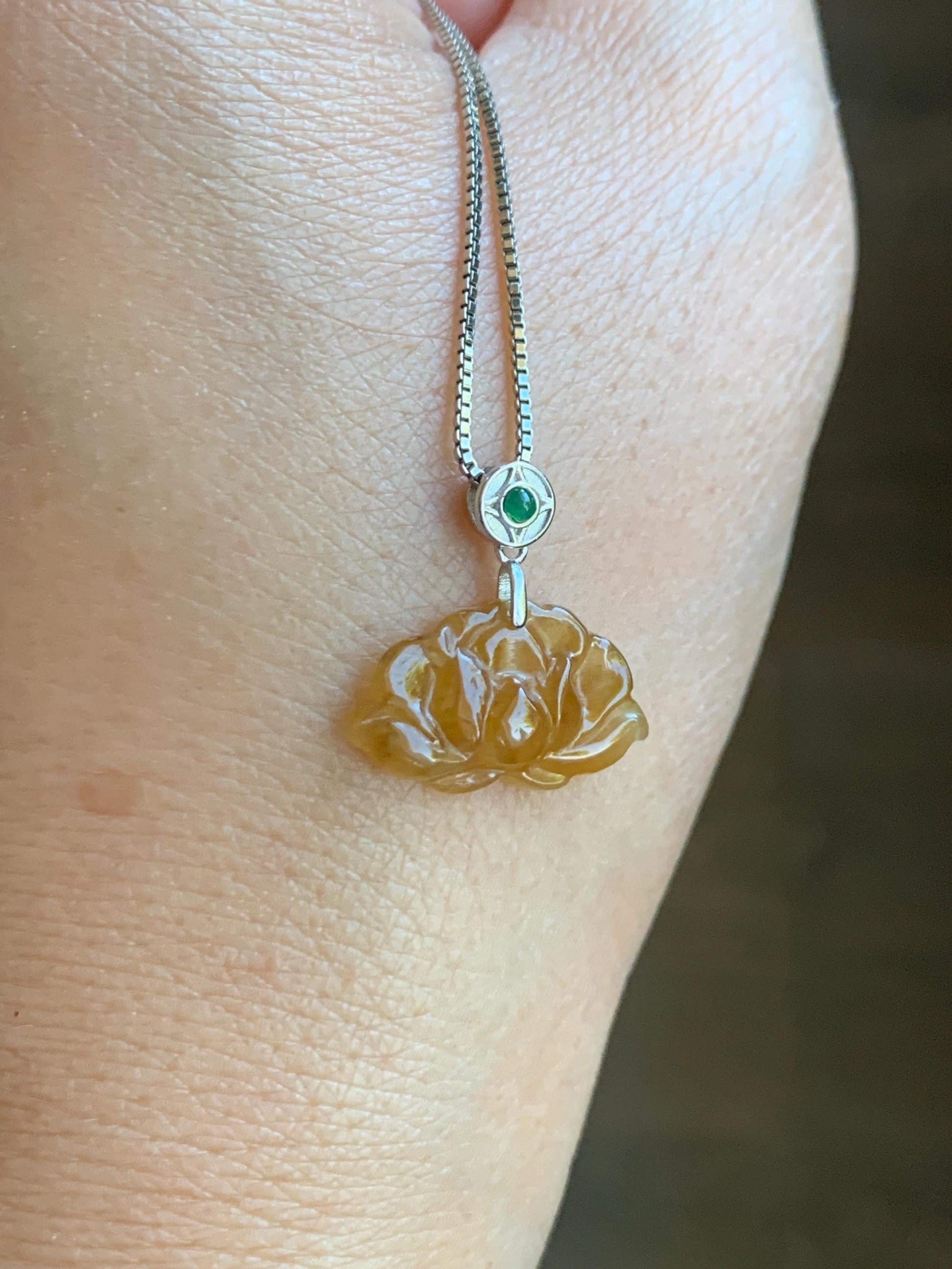Grade A Natural Icy Highly Translucent Rich Yellow Jade Jadeite Lotus Flower Petite Pendant Sterling Silver 天然冰黄翡翠迷你莲花镶嵌吊坠 BHLH77