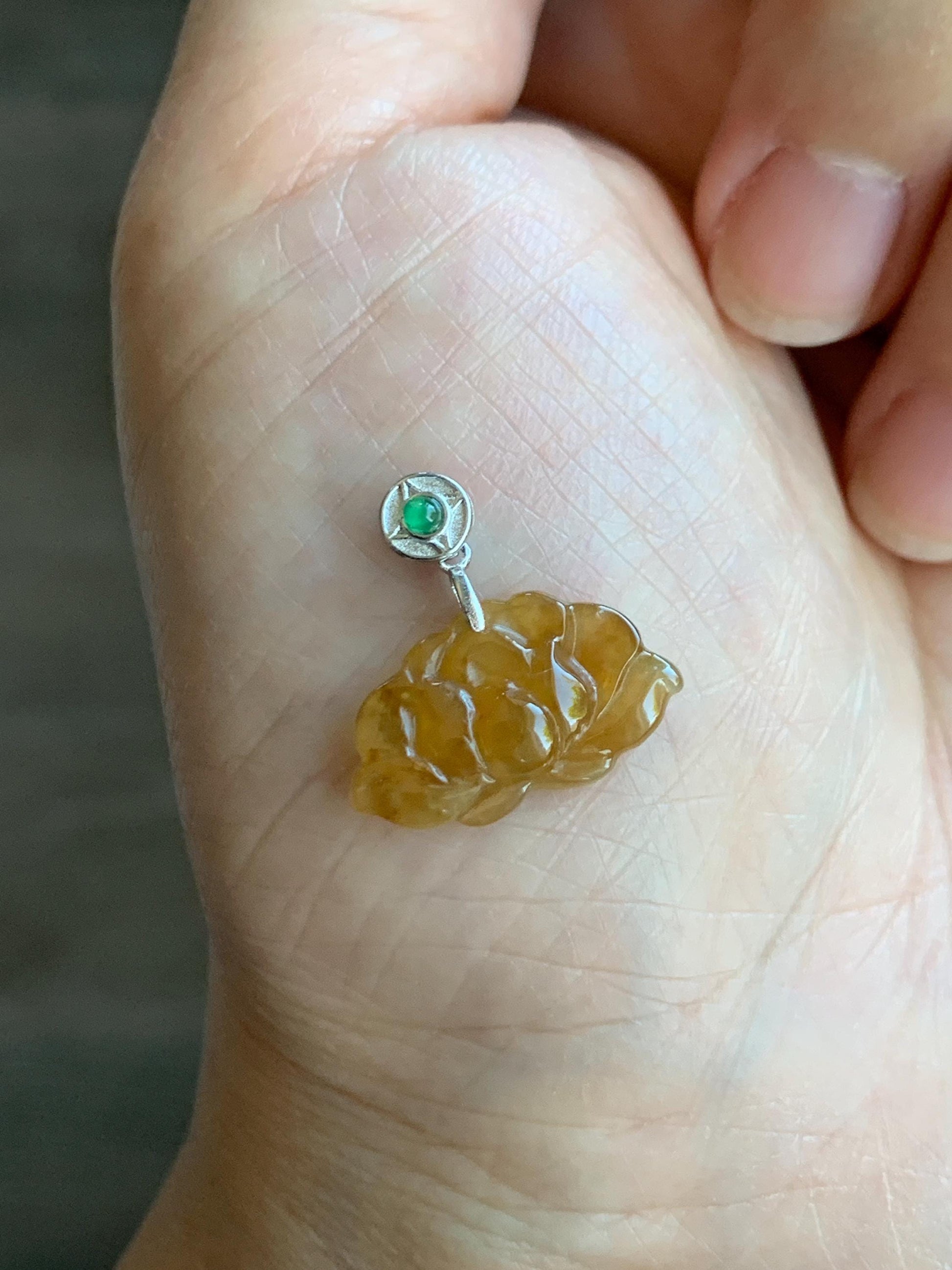 Grade A Natural Icy Highly Translucent Rich Yellow Jade Jadeite Lotus Flower Petite Pendant Sterling Silver 天然冰黄翡翠迷你莲花镶嵌吊坠 BHLH77