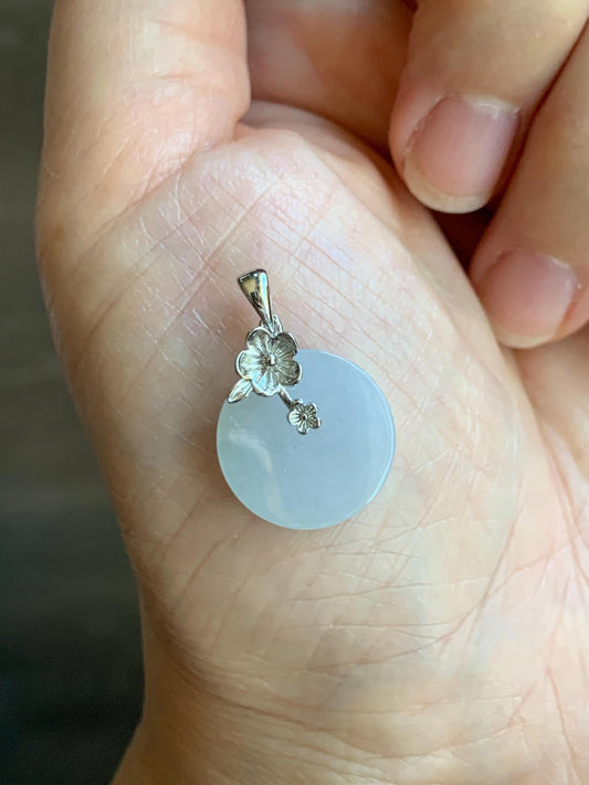 Natural Grade A Icy Translucent Jade Jadeite Small Disc Round Wu Shi Pai Pendant Sterling Silver Cherry Blossom Bail 3g 天然白冰淡紫底翡翠无事牌吊坠 YWS65