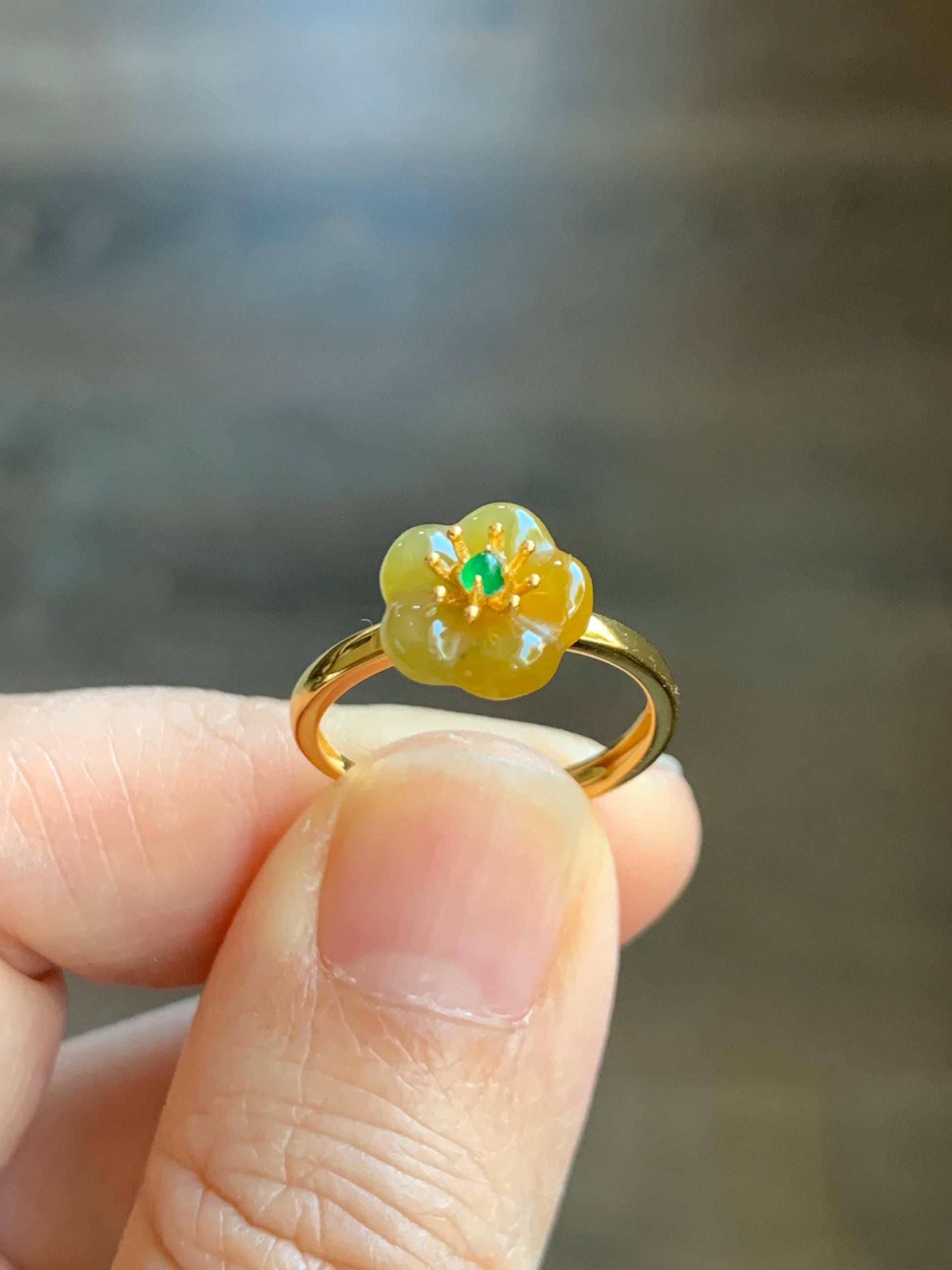 Natural Grade A Guatemalan Icy Translucent Yellow Jade Jadeite Cherry Blossom Ring Sterling Silver Size Adjustable 天然冰危黄翡翠梅花银镶戒指 WXMH66A