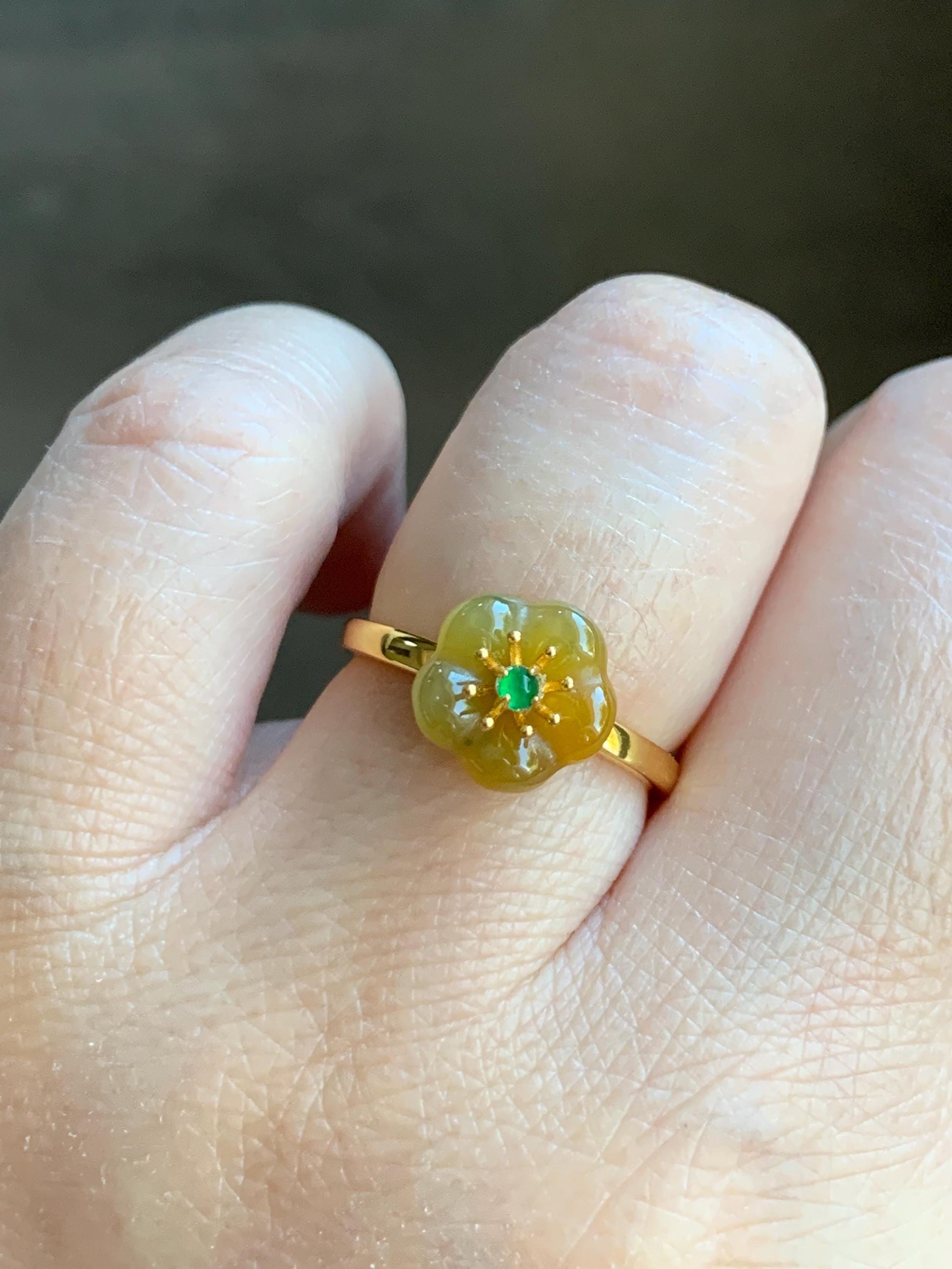 Natural Grade A Guatemalan Icy Translucent Yellow Jade Jadeite Cherry Blossom Ring Sterling Silver Size Adjustable 天然冰危黄翡翠梅花银镶戒指 WXMH66A