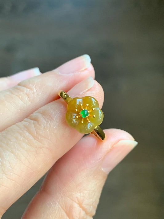 Natural Grade A Guatemalan Icy Translucent Yellow Jade Jadeite Cherry Blossom Ring Sterling Silver Size Adjustable 天然冰危黄翡翠梅花银镶戒指 WXMH66A