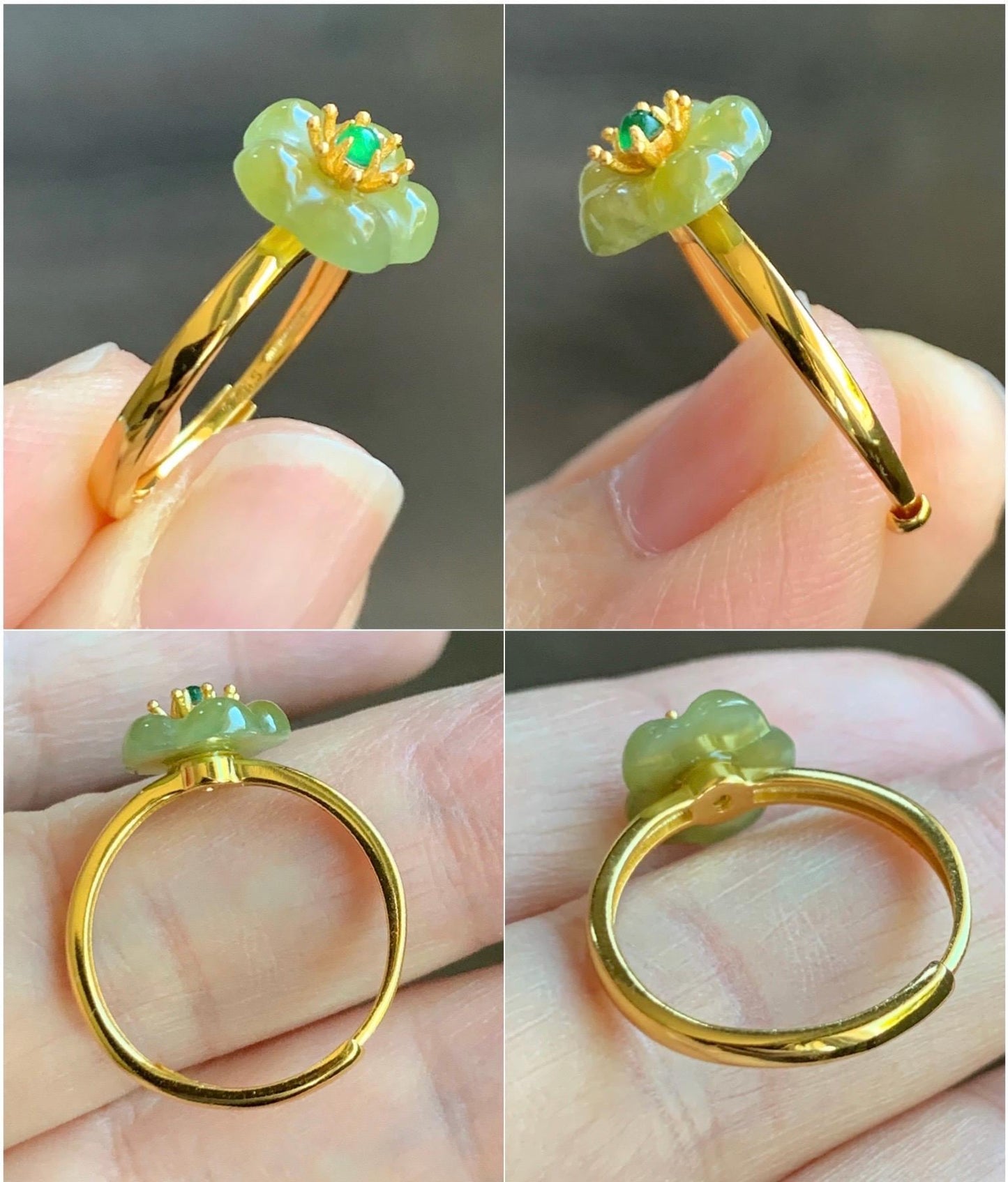 Natural Grade A Guatemalan Icy Translucent Yellow Jade Jadeite Cherry Blossom Ring Sterling Silver Size Adjustable 天然冰危黄翡翠梅花银镶戒指 WXMH66B