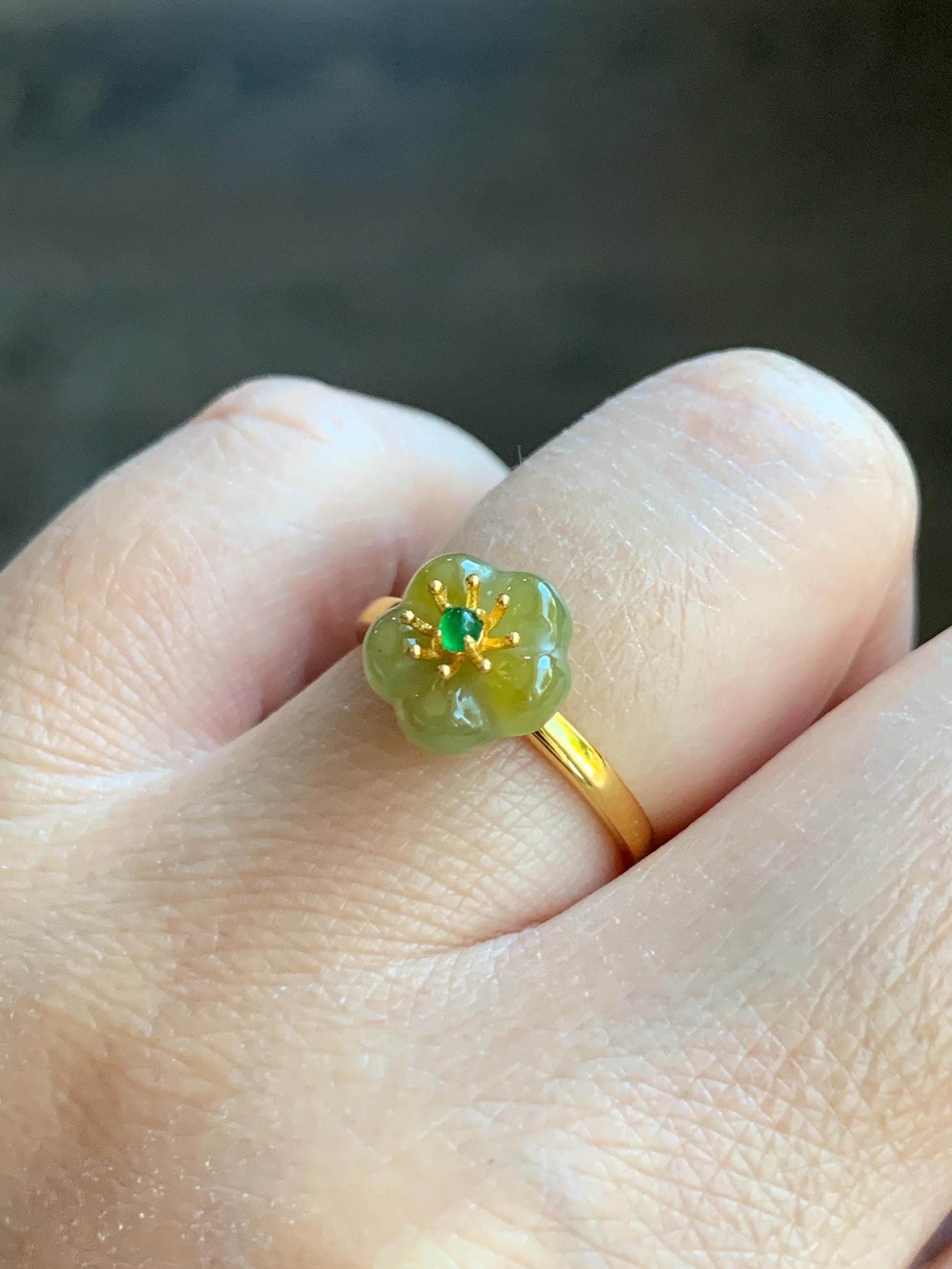 Natural Grade A Guatemalan Icy Translucent Yellow Jade Jadeite Cherry Blossom Ring Sterling Silver Size Adjustable 天然冰危黄翡翠梅花银镶戒指 WXMH66B