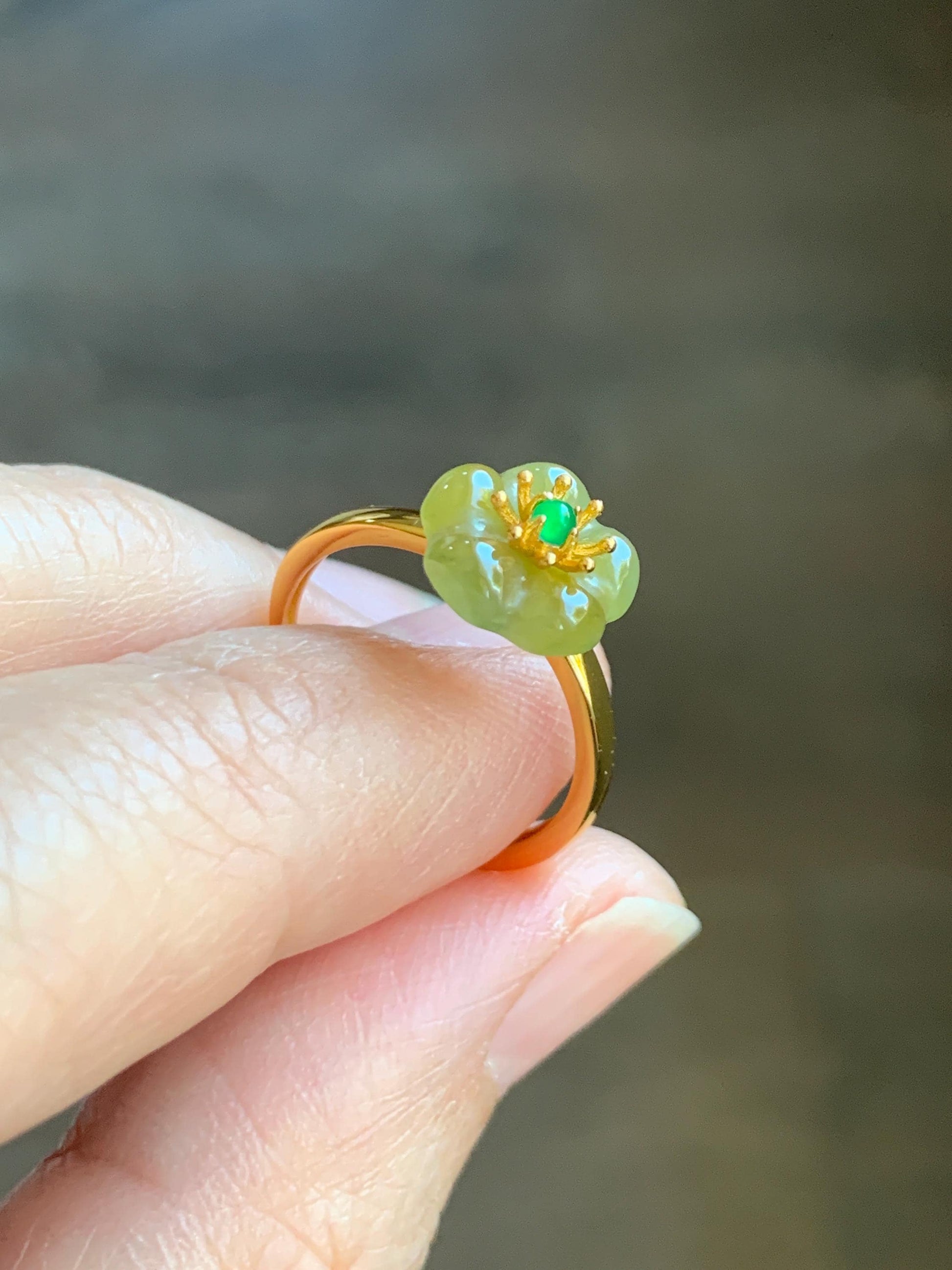 Natural Grade A Guatemalan Icy Translucent Yellow Jade Jadeite Cherry Blossom Ring Sterling Silver Size Adjustable 天然冰危黄翡翠梅花银镶戒指 WXMH66B