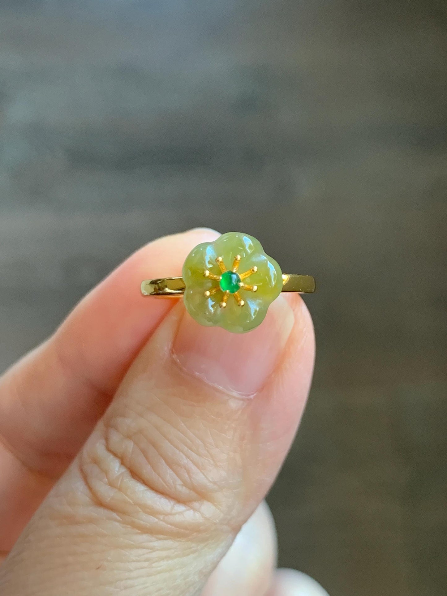 Natural Grade A Guatemalan Icy Translucent Yellow Jade Jadeite Cherry Blossom Ring Sterling Silver Size Adjustable 天然冰危黄翡翠梅花银镶戒指 WXMH66B