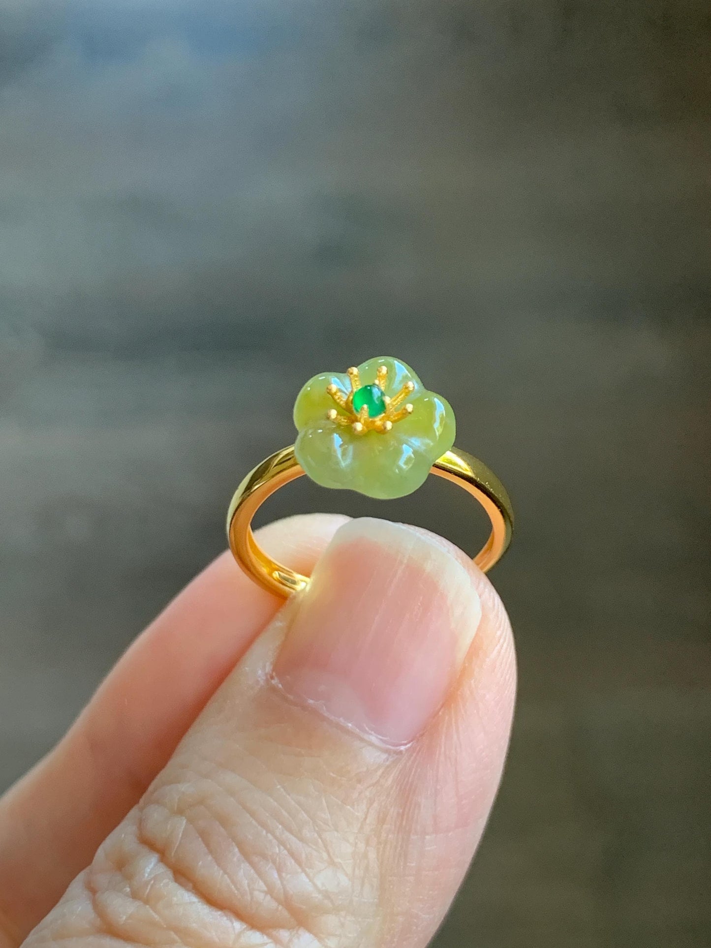 Natural Grade A Guatemalan Icy Translucent Yellow Jade Jadeite Cherry Blossom Ring Sterling Silver Size Adjustable 天然冰危黄翡翠梅花银镶戒指 WXMH66B
