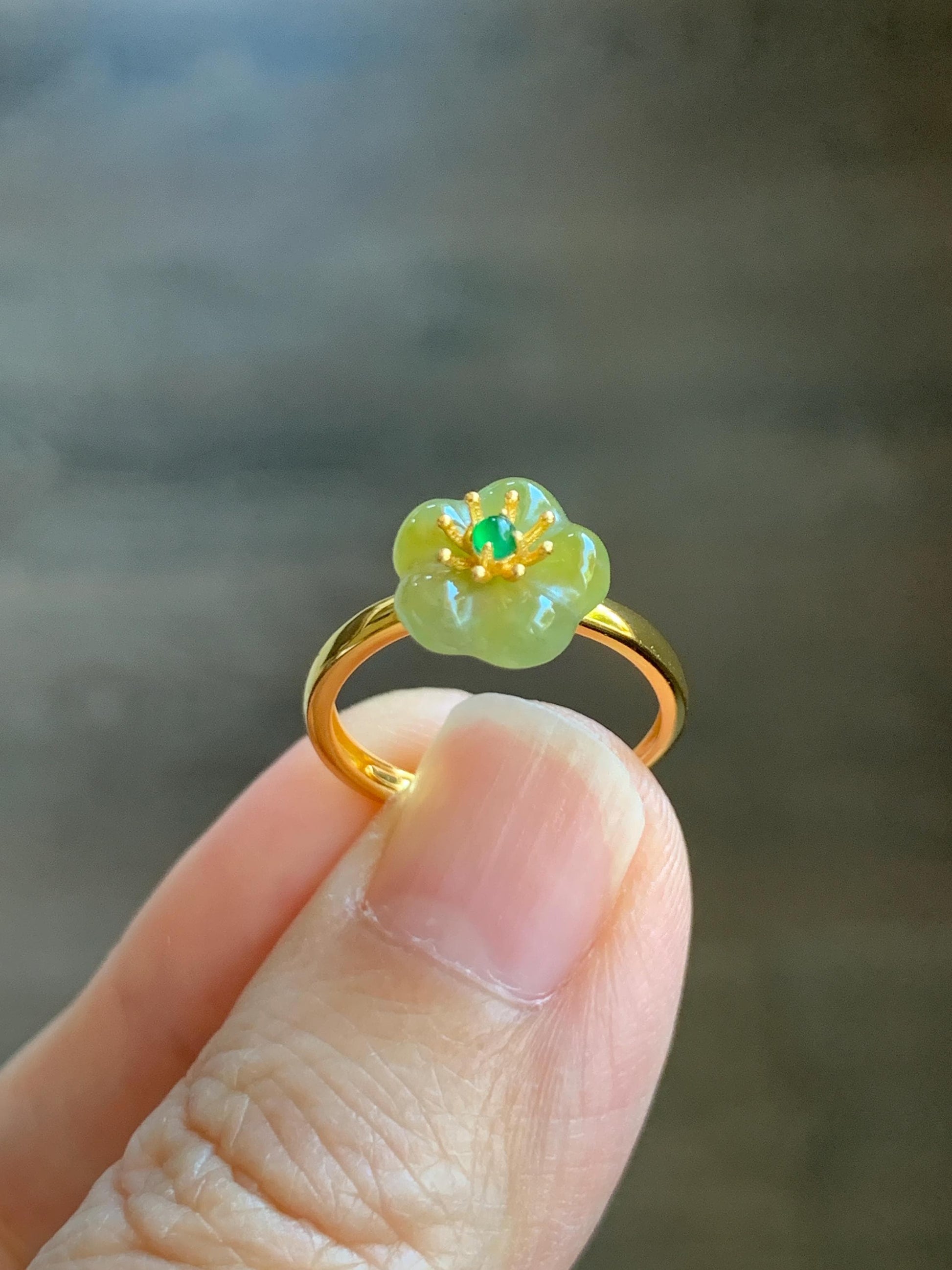 Natural Grade A Guatemalan Icy Translucent Yellow Jade Jadeite Cherry Blossom Ring Sterling Silver Size Adjustable 天然冰危黄翡翠梅花银镶戒指 WXMH66B