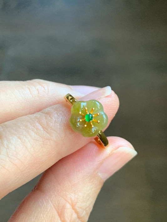 Natural Grade A Guatemalan Icy Translucent Yellow Jade Jadeite Cherry Blossom Ring Sterling Silver Size Adjustable 天然冰危黄翡翠梅花银镶戒指 WXMH66B