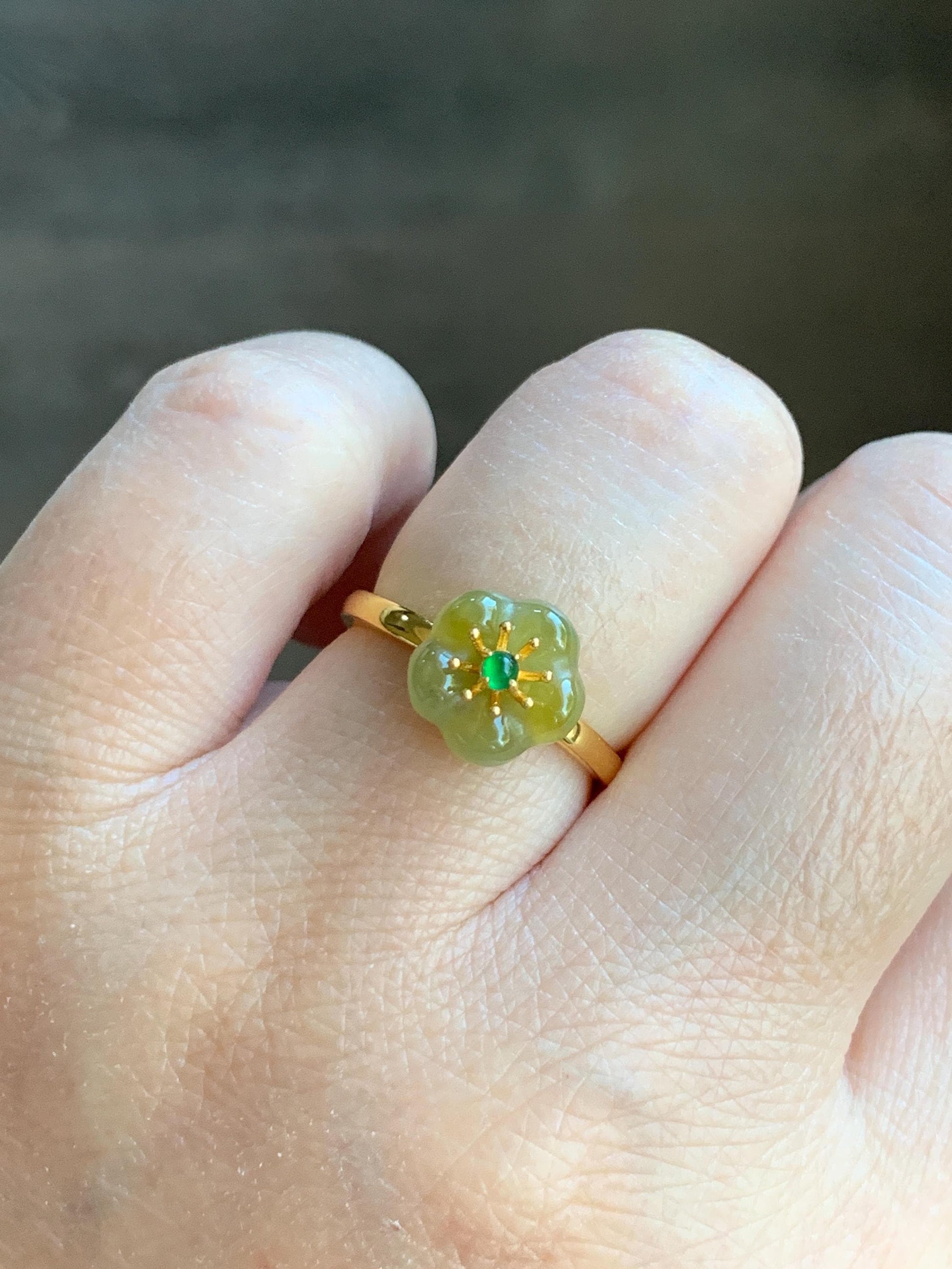 Natural Grade A Guatemalan Icy Translucent Yellow Jade Jadeite Cherry Blossom Ring Sterling Silver Size Adjustable 天然冰危黄翡翠梅花银镶戒指 WXMH66B