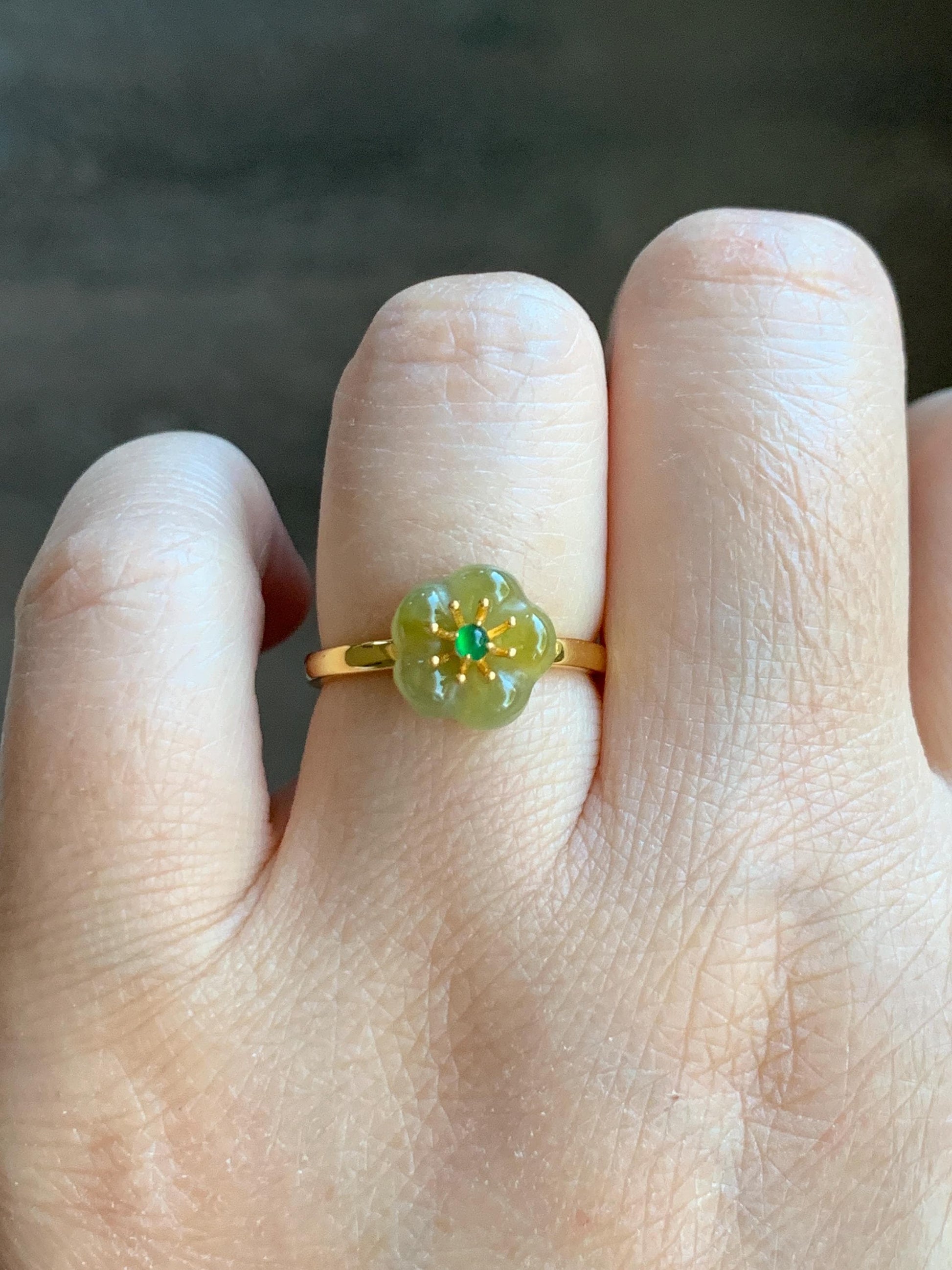 Natural Grade A Guatemalan Icy Translucent Yellow Jade Jadeite Cherry Blossom Ring Sterling Silver Size Adjustable 天然冰危黄翡翠梅花银镶戒指 WXMH66B