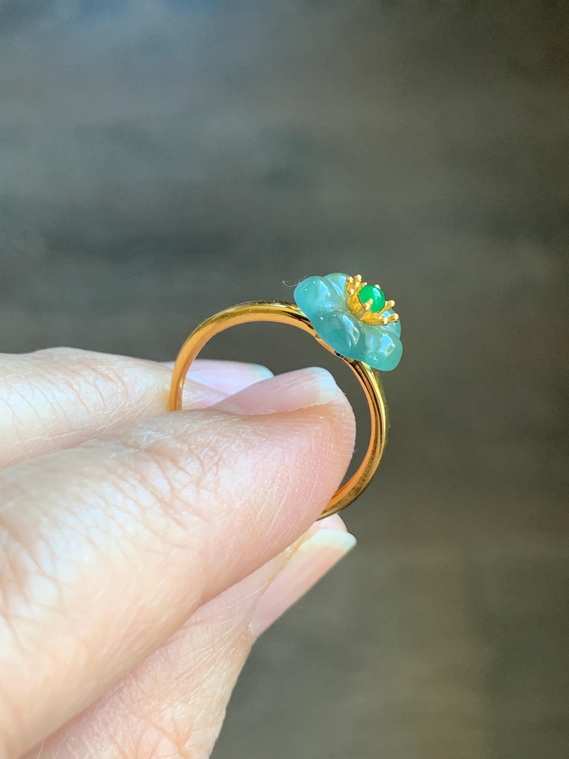 Natural Grade A Guatemalan Icy Translucent Light Teal Jade Jadeite Cherry Blossom Ring Sterling Silver Size Adjustable 天然冰危蓝翡翠梅花银镶戒指 WXMH66C