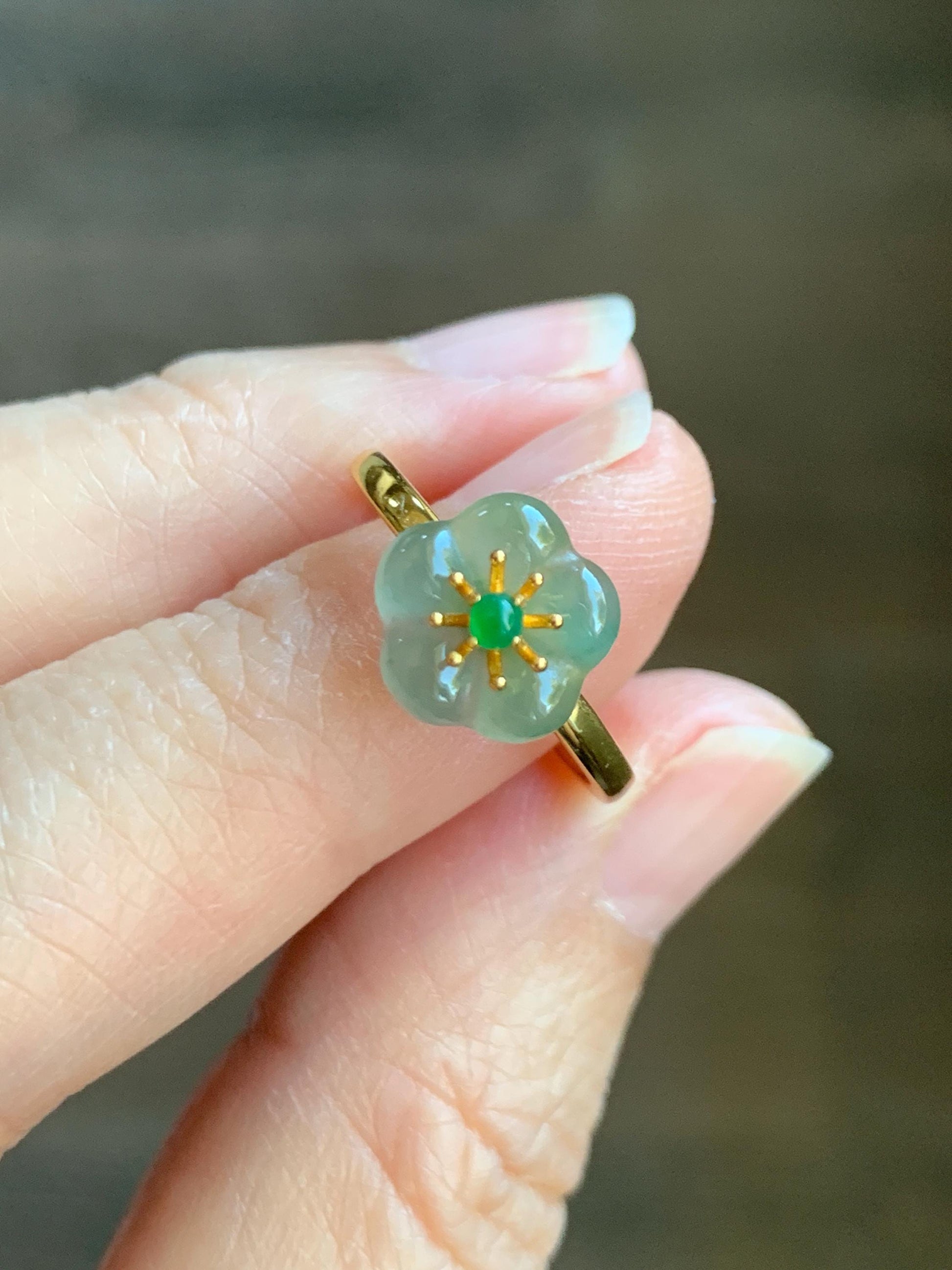 Natural Grade A Guatemalan Icy Translucent Light Teal Jade Jadeite Cherry Blossom Ring Sterling Silver Size Adjustable 天然冰危蓝翡翠梅花银镶戒指 WXMH66C