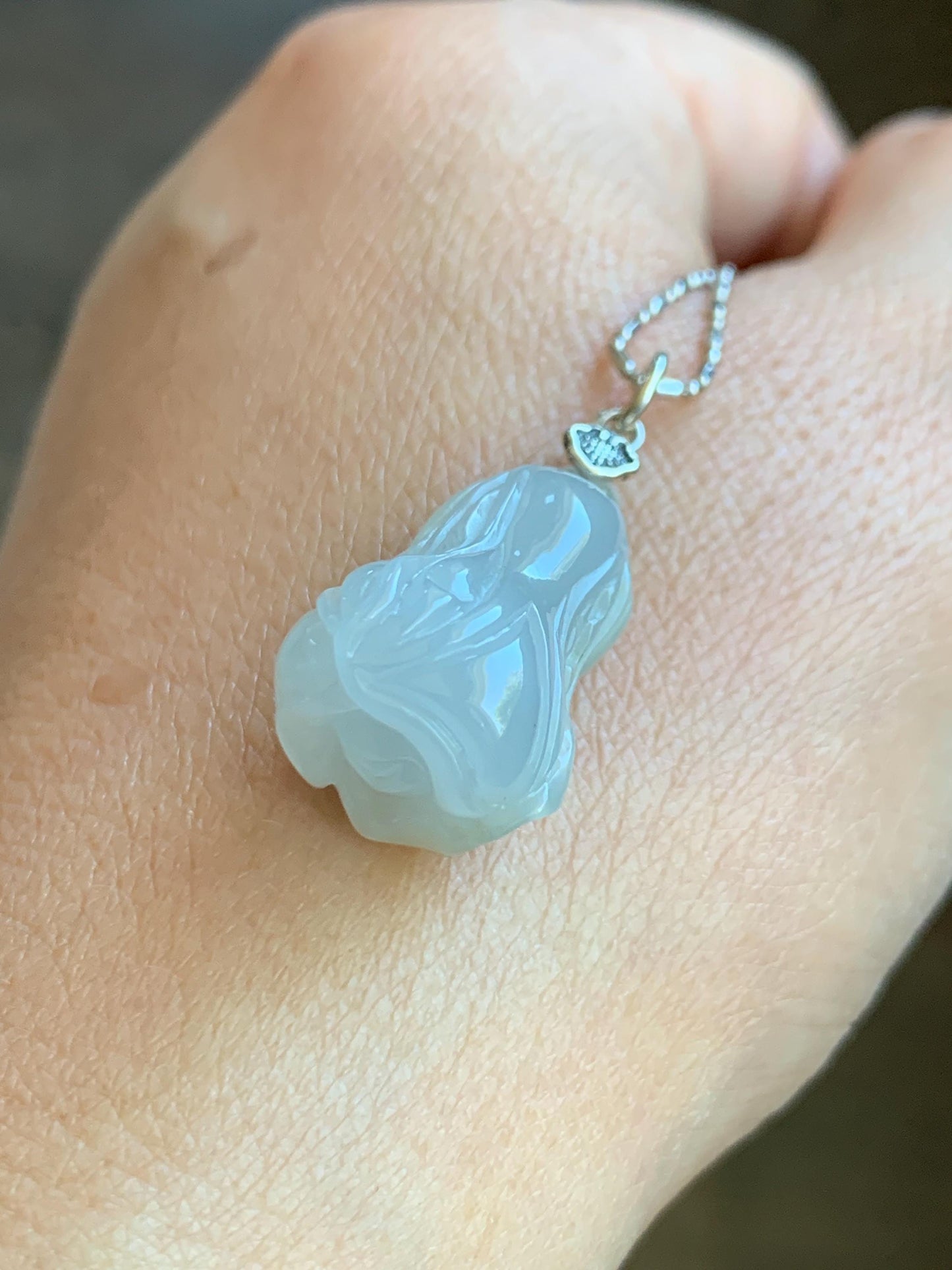 Natural Grade A Icy Translucent Gelatinous White Jade Jadeite Carved Cabbage Pendant Sterling Silver 6g 天然冰胶白冰翡翠白菜吊坠 MBB88